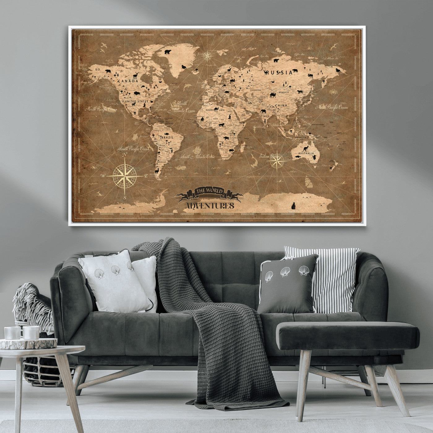 Rehber01-MGV-CV-36X24-Customize Push Pin World Map Wall Art Canvas Print – Personalized Kids Room Framed Map Travel Tracker for home, office