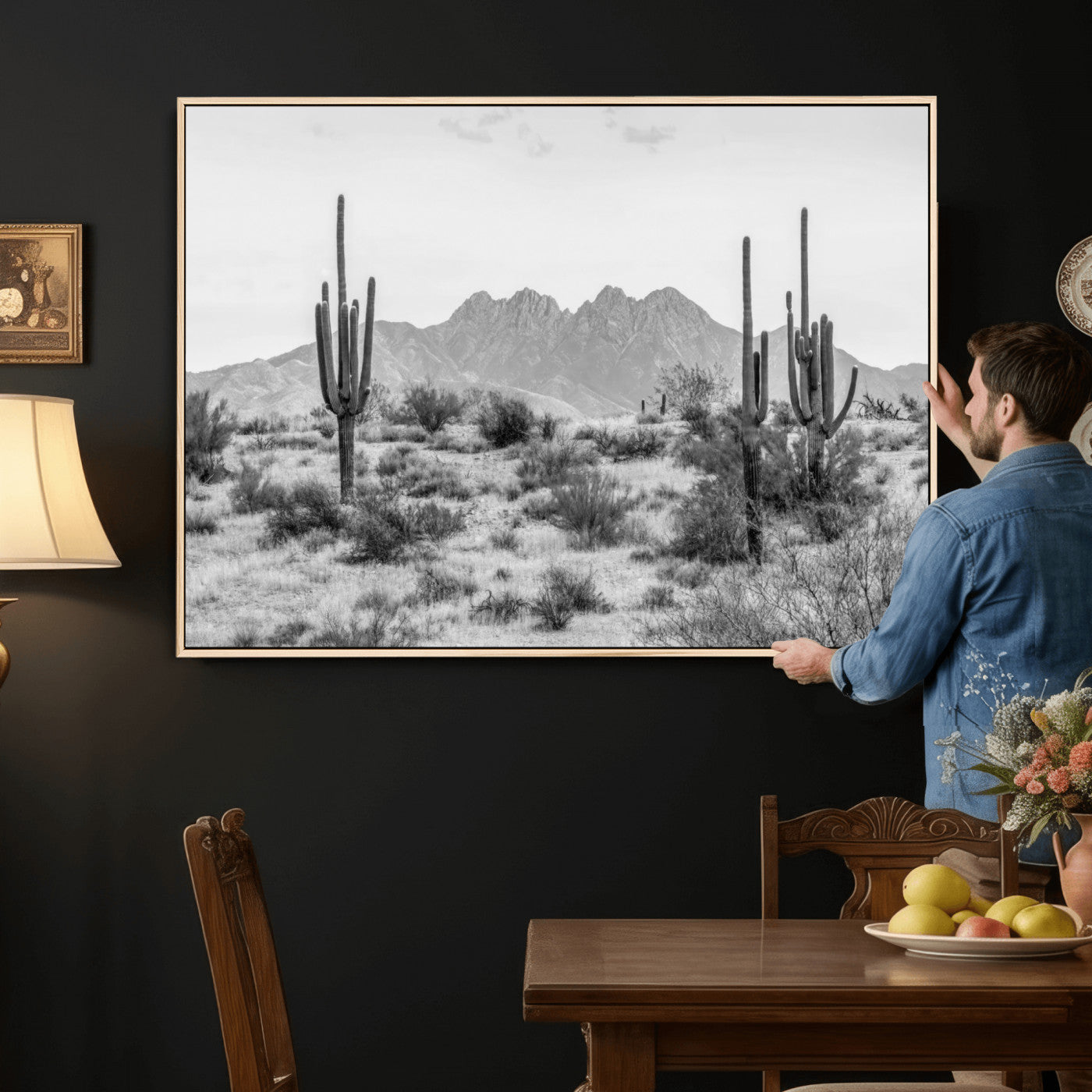 97436PHN-MGV-CV-36X24 - Black White Arizona Desert Canvas Wall Art Cactus Farmhouse Wall Art