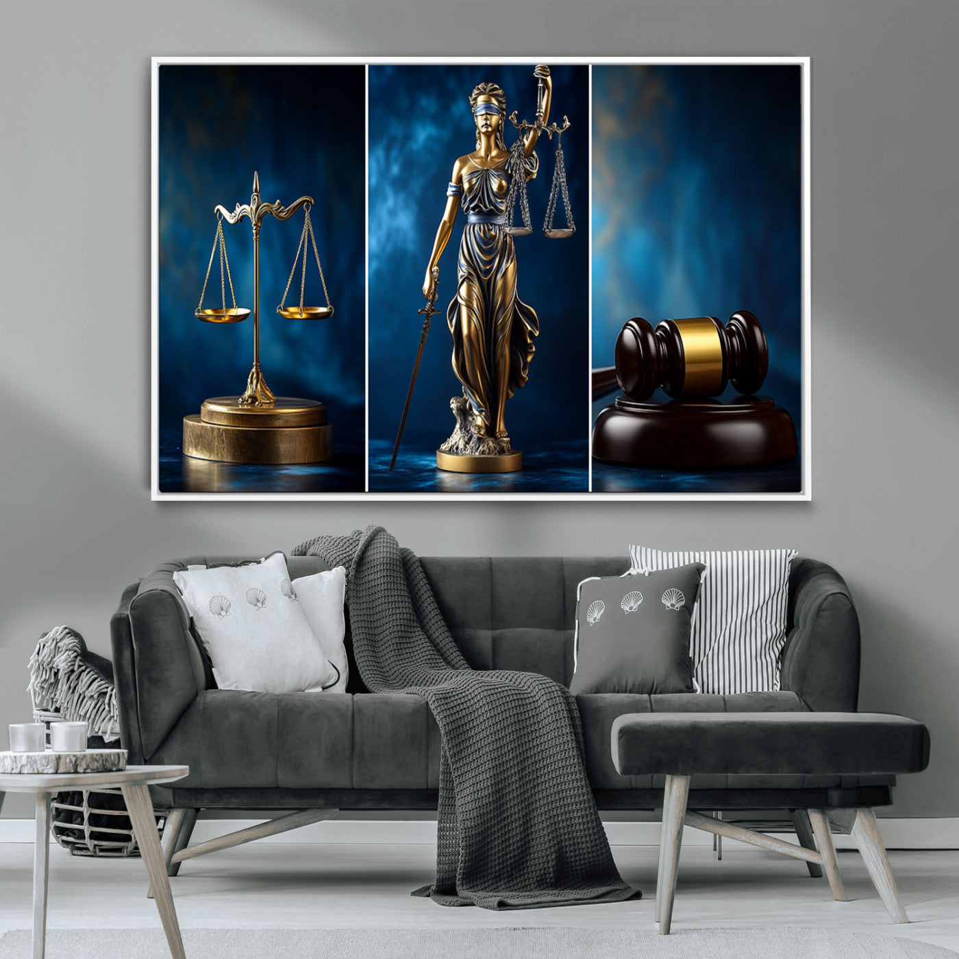 87750525-MGV-CV-36X24-Justice Scales Statue Wall Art, Lady Justice Sculpture Canvas Print, Legal Law Decor, Courtroom
