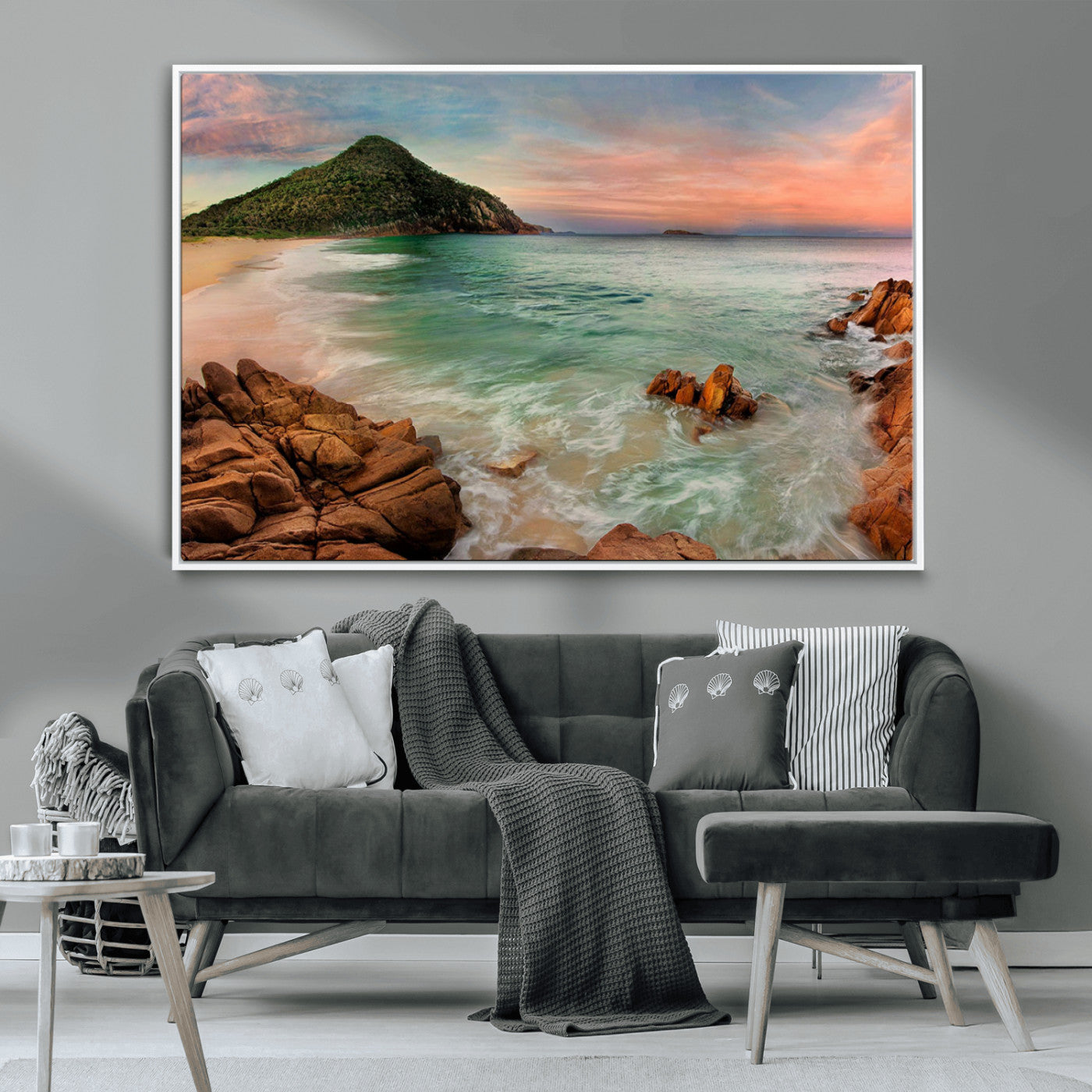 -Coastal Landscape Wall Art Canvas Print – Rocky Shore and Green Hills at Sunset Beautiful Ocean View Artwork for Home, Office