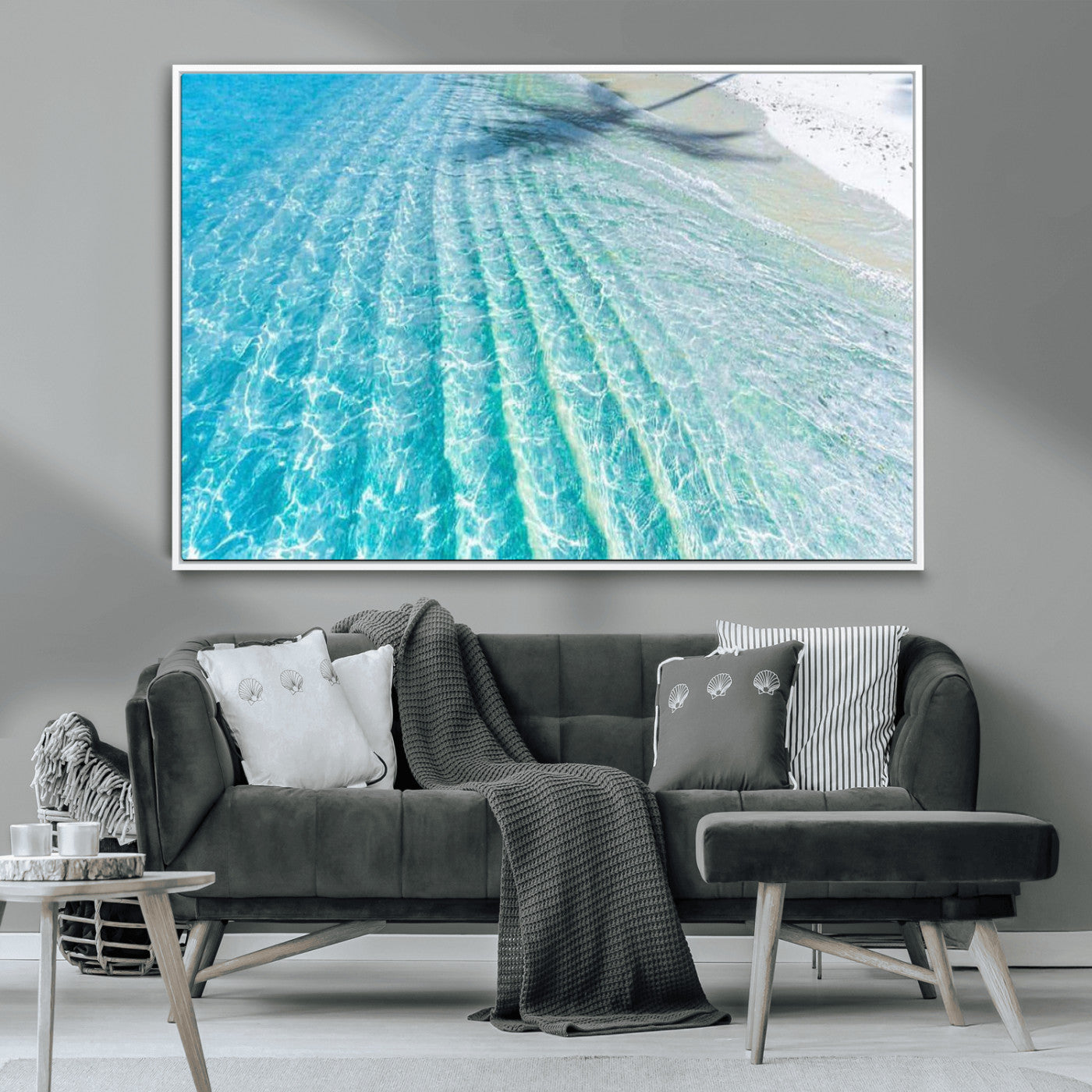 -Crystal Clear Ocean Wall Art Canvas Print – Sunlight Reflections and Palm Tree Shadow on Sandy Beach Artwork for Home, Office