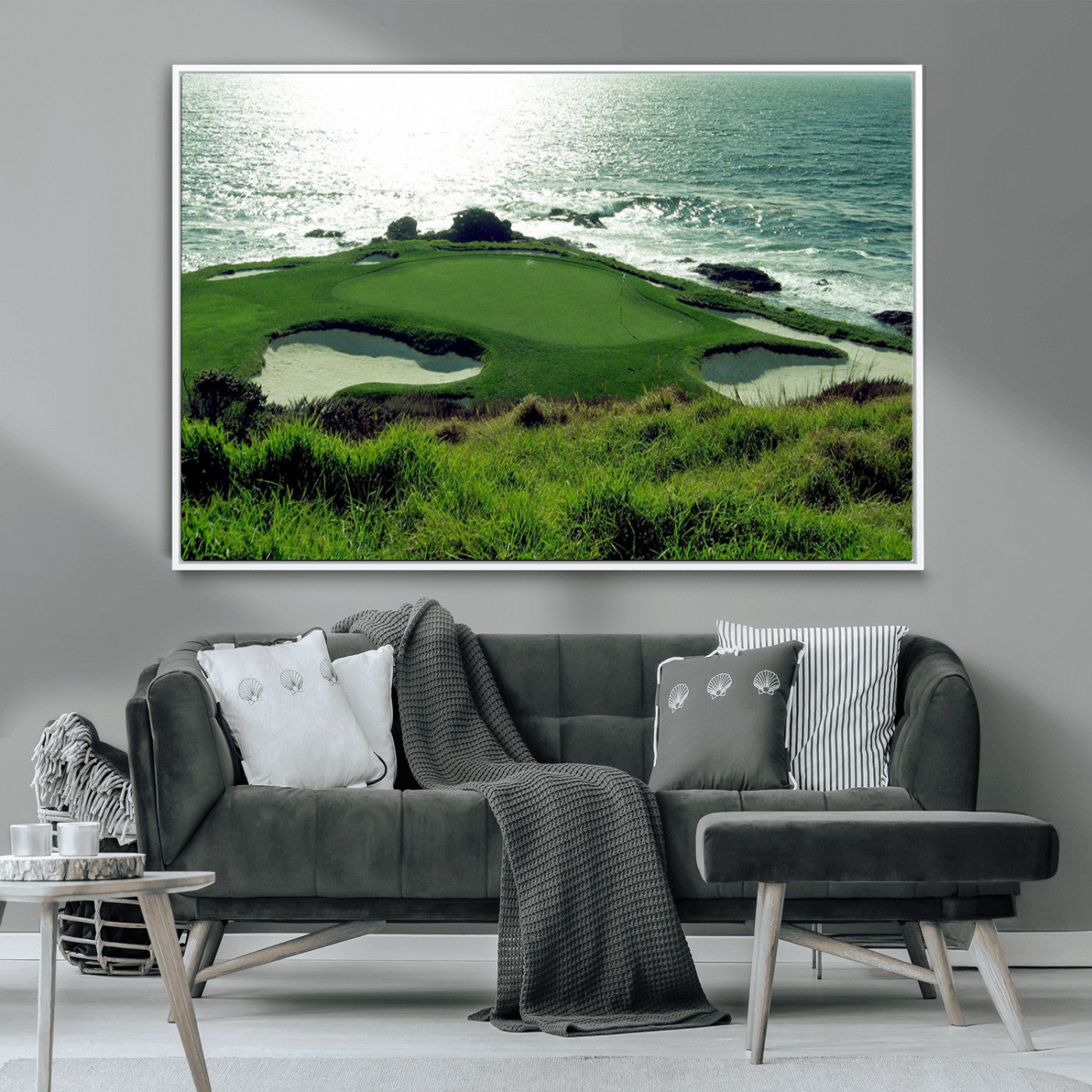 -Coastal Golf Course Wall Art Canvas Print – Scenic Green Surrounded by Sand Bunkers and Ocean Waves Artwork for Home, Office