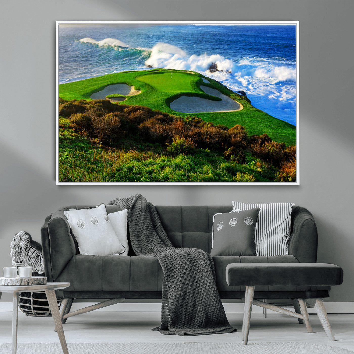 34181847-MGV-CV-36X24-Coastal Golf Course Wall Art Canvas Print – Vibrant Green with Sand Bunkers Overlooking Ocean Waves Artwork for Home, Office