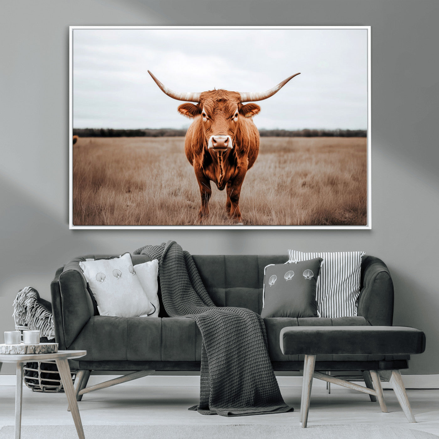 16316734-MGV-FC-36X24 - Longhorn bull, open field, rustic charm, natural beauty, Wall Art Canvas Print, countryside,