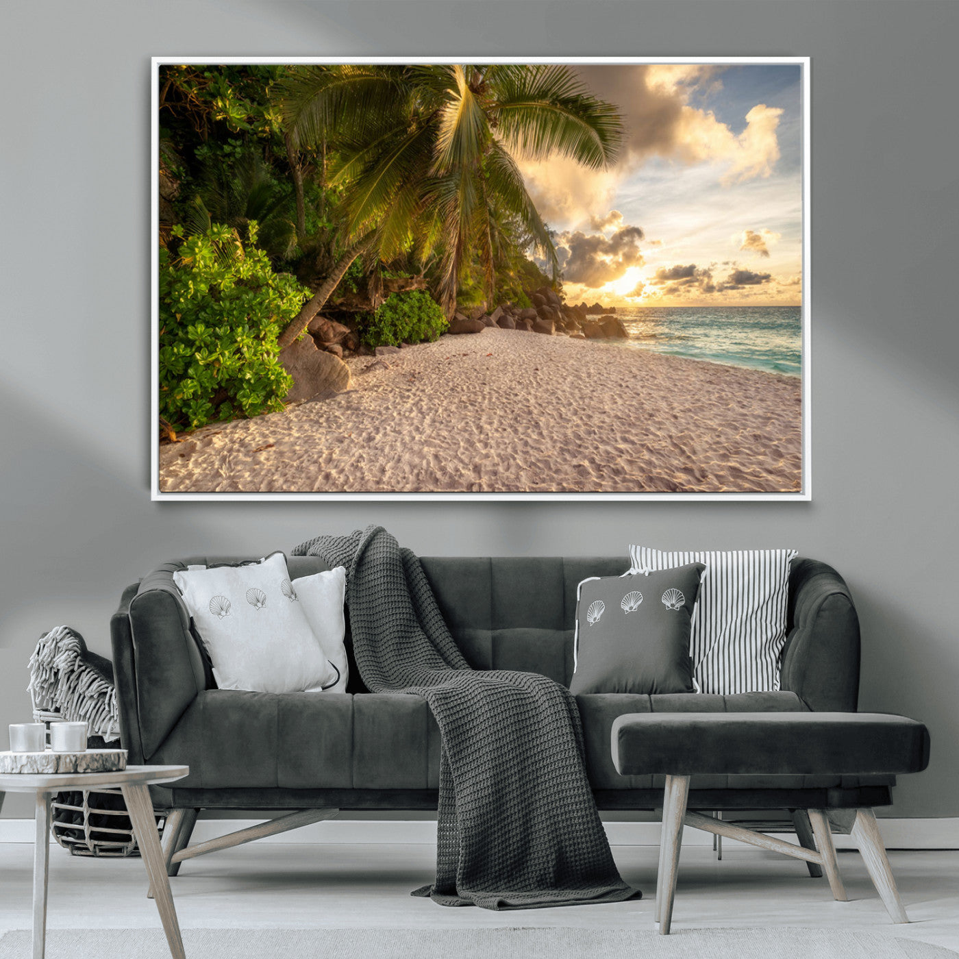 MGV-FC-36X24 - Tropical beach sunset, palm trees, white sand, ocean waves, golden sky, serene landscape, nature