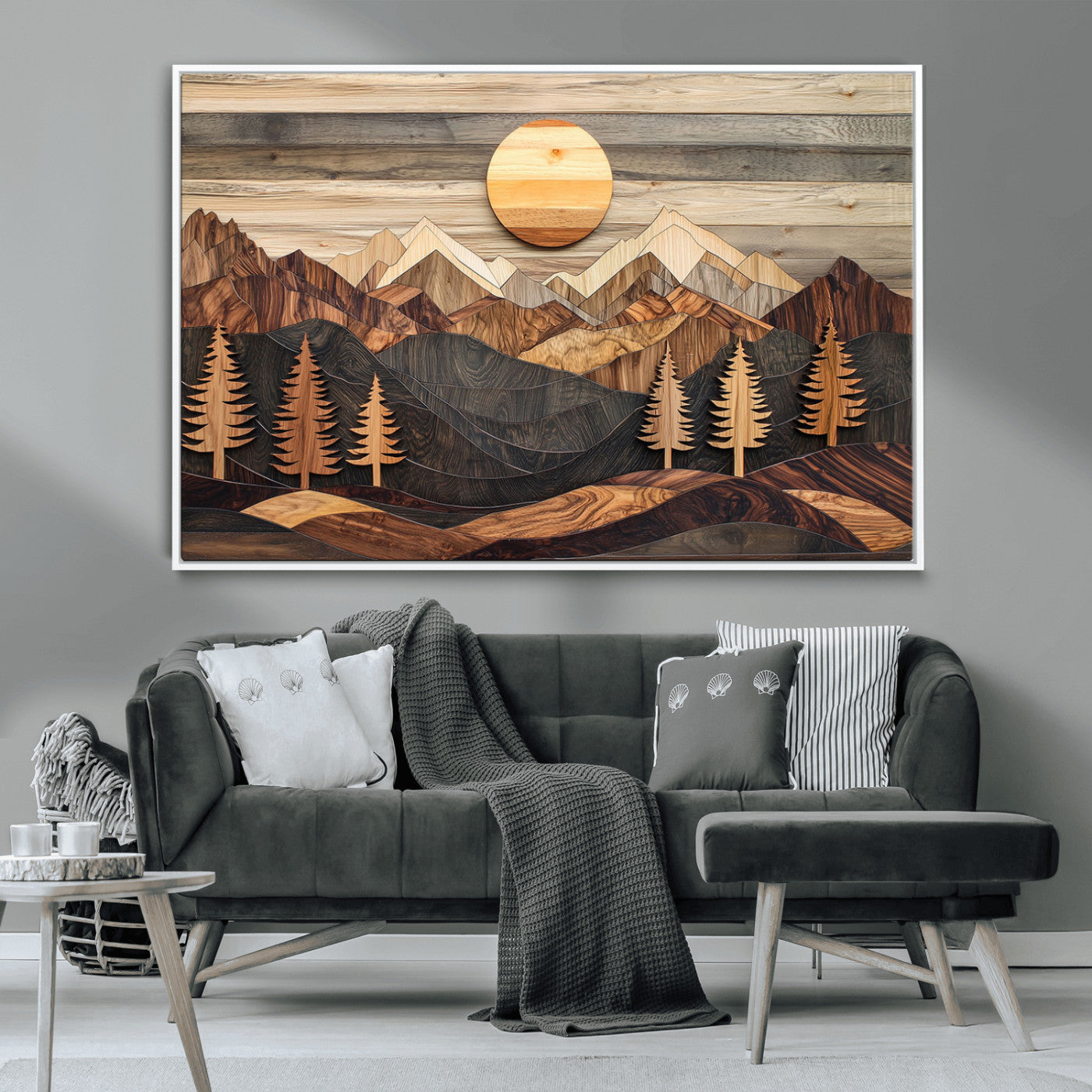 19832326-MGV-FC-36X24 - Wooden Mountain Landscape Layered Texture Geometric Shapes Sun Pine Trees Rustic Natural Tones Art
