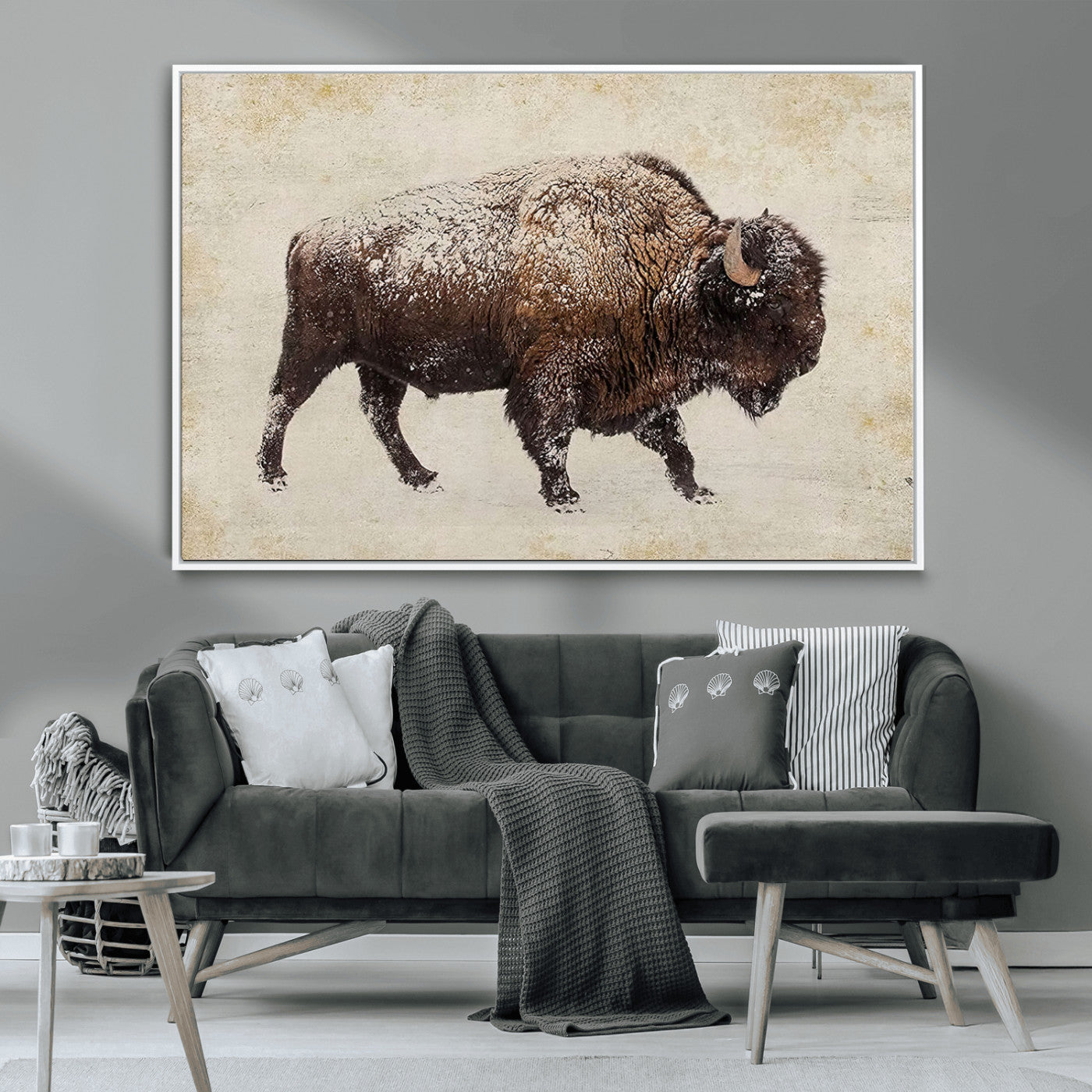 -Snow-dusted bison silhouette textured vintage style rugged wildlife art with neutral tones perfect
