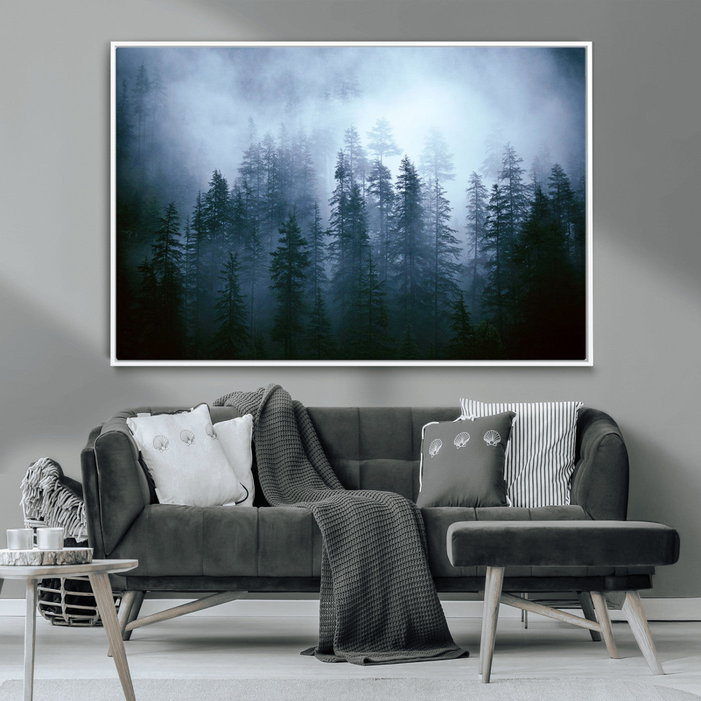 93439624-MGV-CV-36X24-Foggy Evergreen Pines Mist Forest Blue Haze Moody Atmospheric Wilderness Nature Trees Scenic