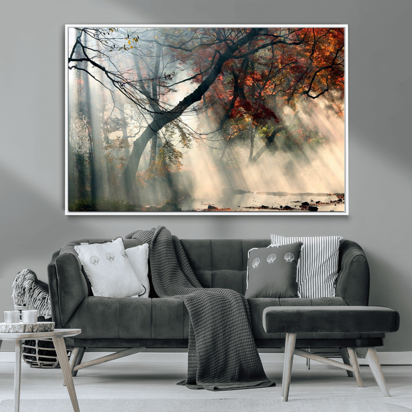 -Sunlit Autumn Forest Wall Art Canvas Print – Framed Mist Trees Scene with Peaceful Rays Artwork for Home, Office