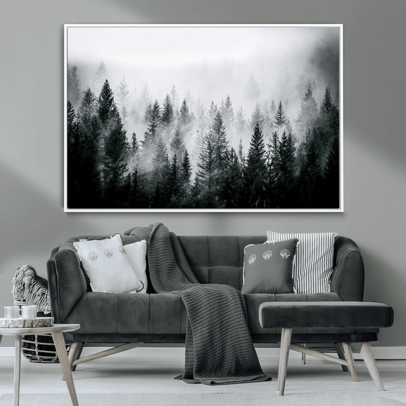MGV-FC-36X24 - Foggy Pine Forest Canvas Wall Art, Horizontal Black and White Nature Landscape Print for Modern Home Decor