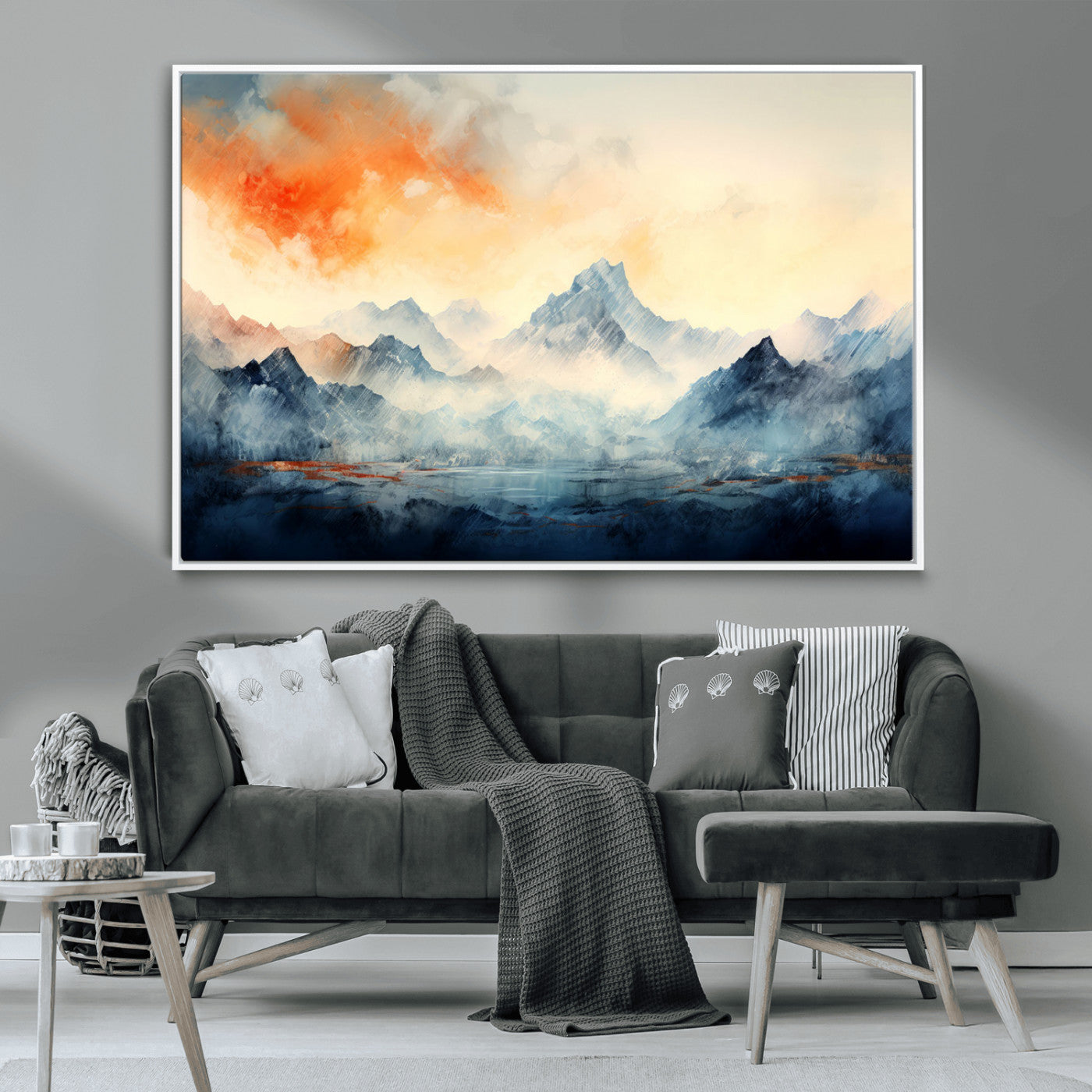 WRM1005-MGV-FC-36X24 - Warm Clouds Abstract Mountain Wall Art, Modern Landscape Canvas Print, Minimal Framed Artwork for Home, Office
