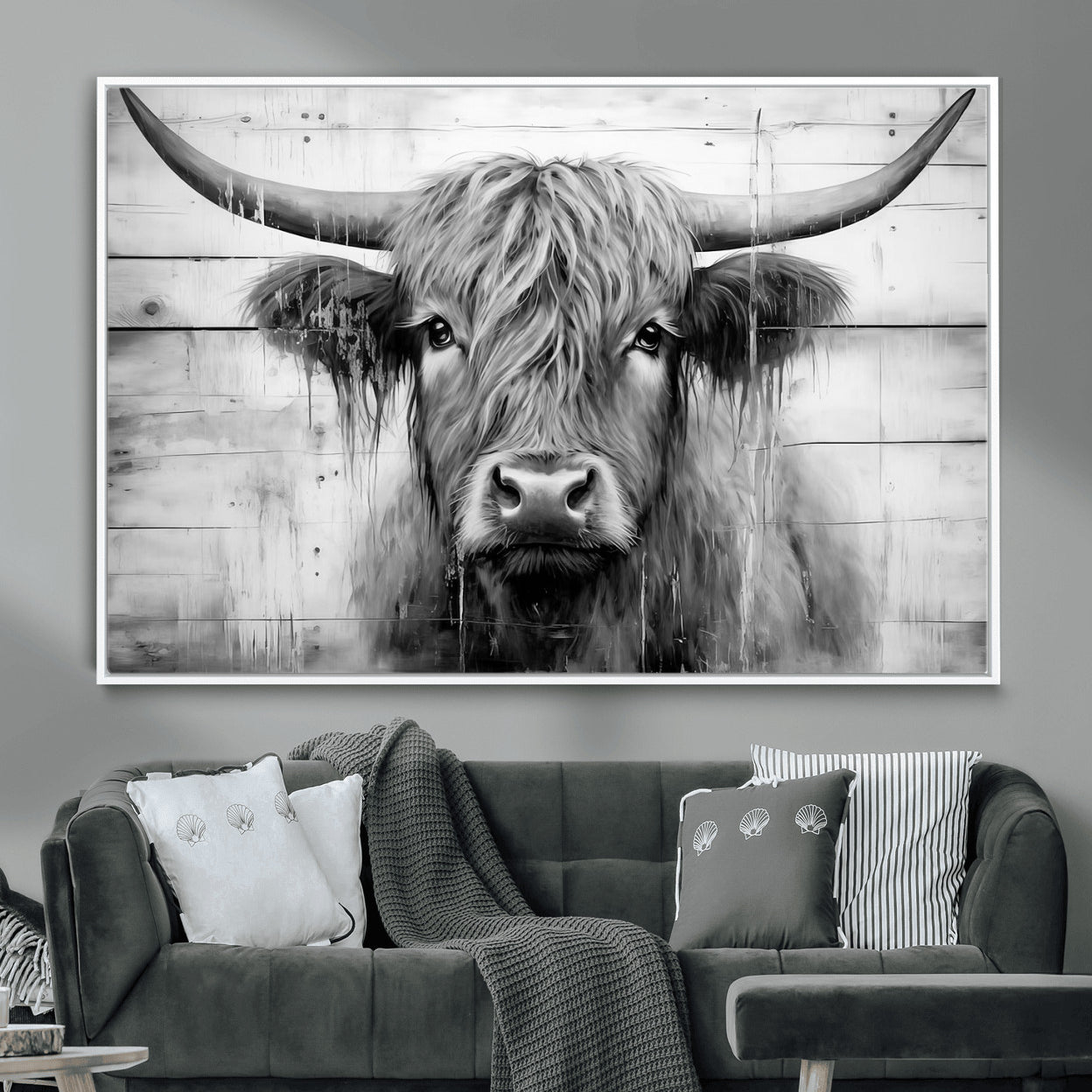 1001HASAN27-MGV-FC-36X24 - Black White Highland Cow Wall Art Canvas Print