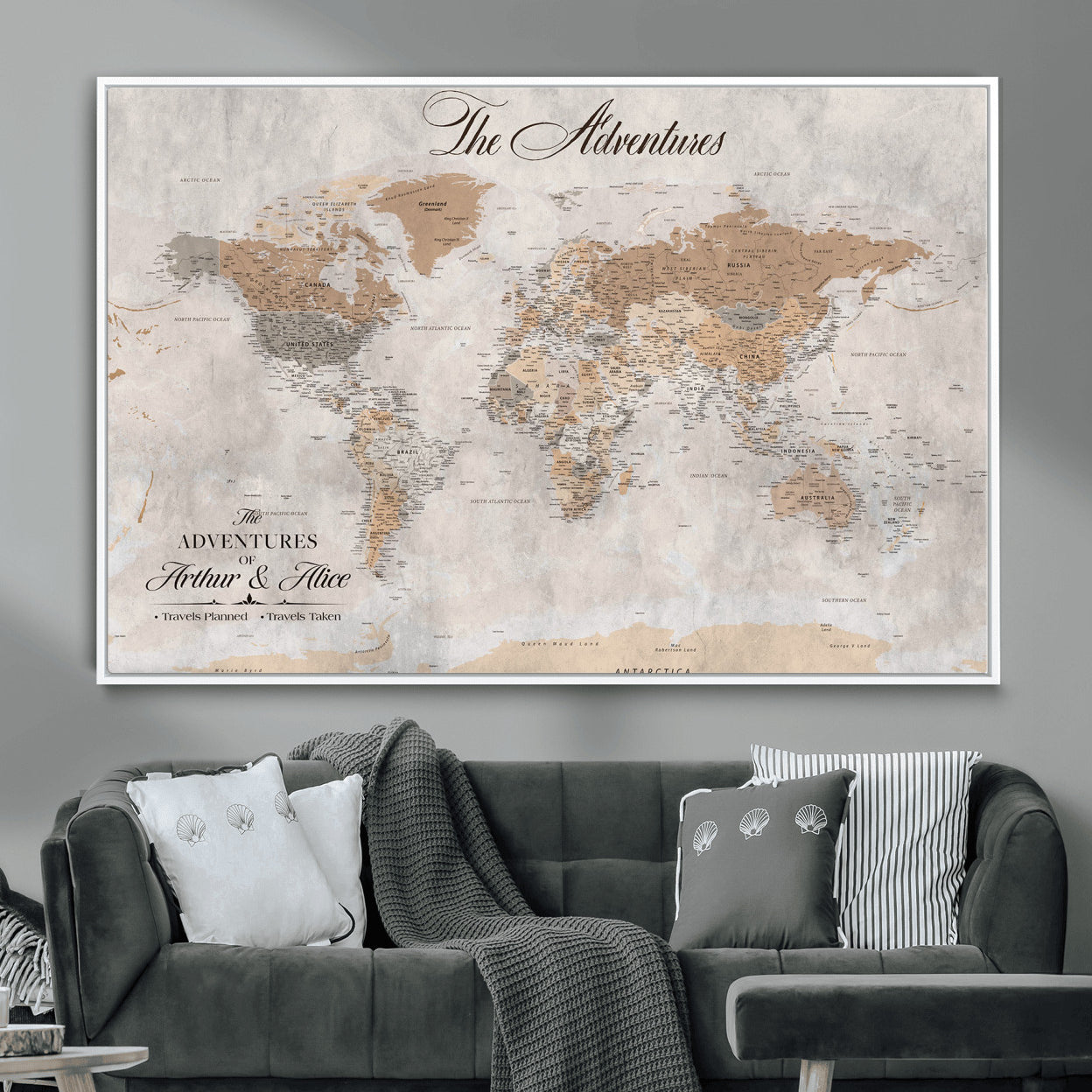 91774967-MGV-FC-36X24 - Personalized Push Pin World Map Canvas Print – Custom Framed Travel Tracker Artwork for Couples or Home Decor