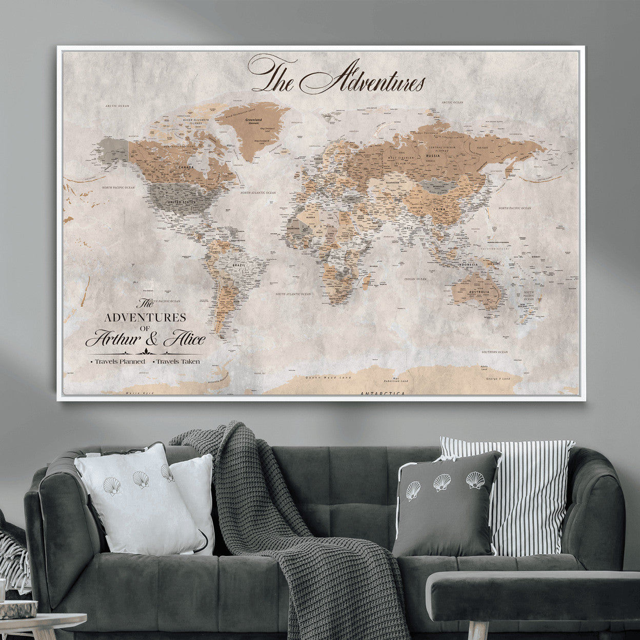 91774967-MGV-FC-36X24 - Personalized Push Pin World Map Canvas Print – Custom Framed Travel Tracker Artwork for Couples or Home Decor