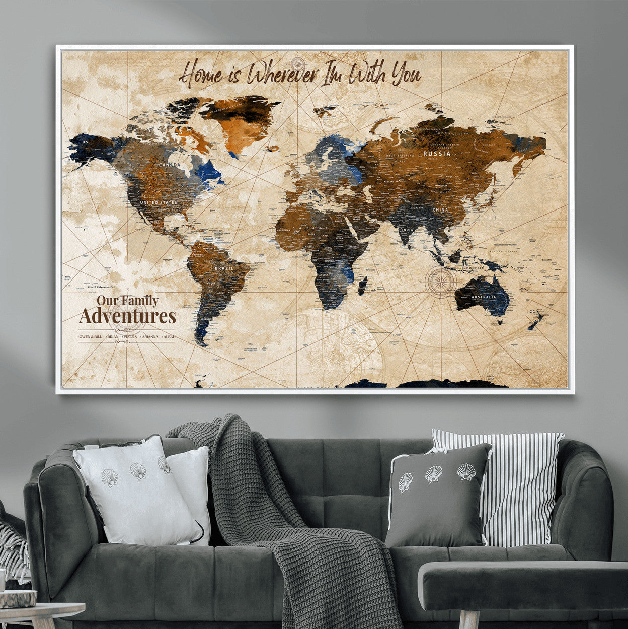 37709027-MGV-FC-36X24 - Customized Push Pin World Map Wall Art Canvas Print with Pins, Vintage Personalized Travel Tracker Map, Framed World Map for Living Room, Office and Home Decor