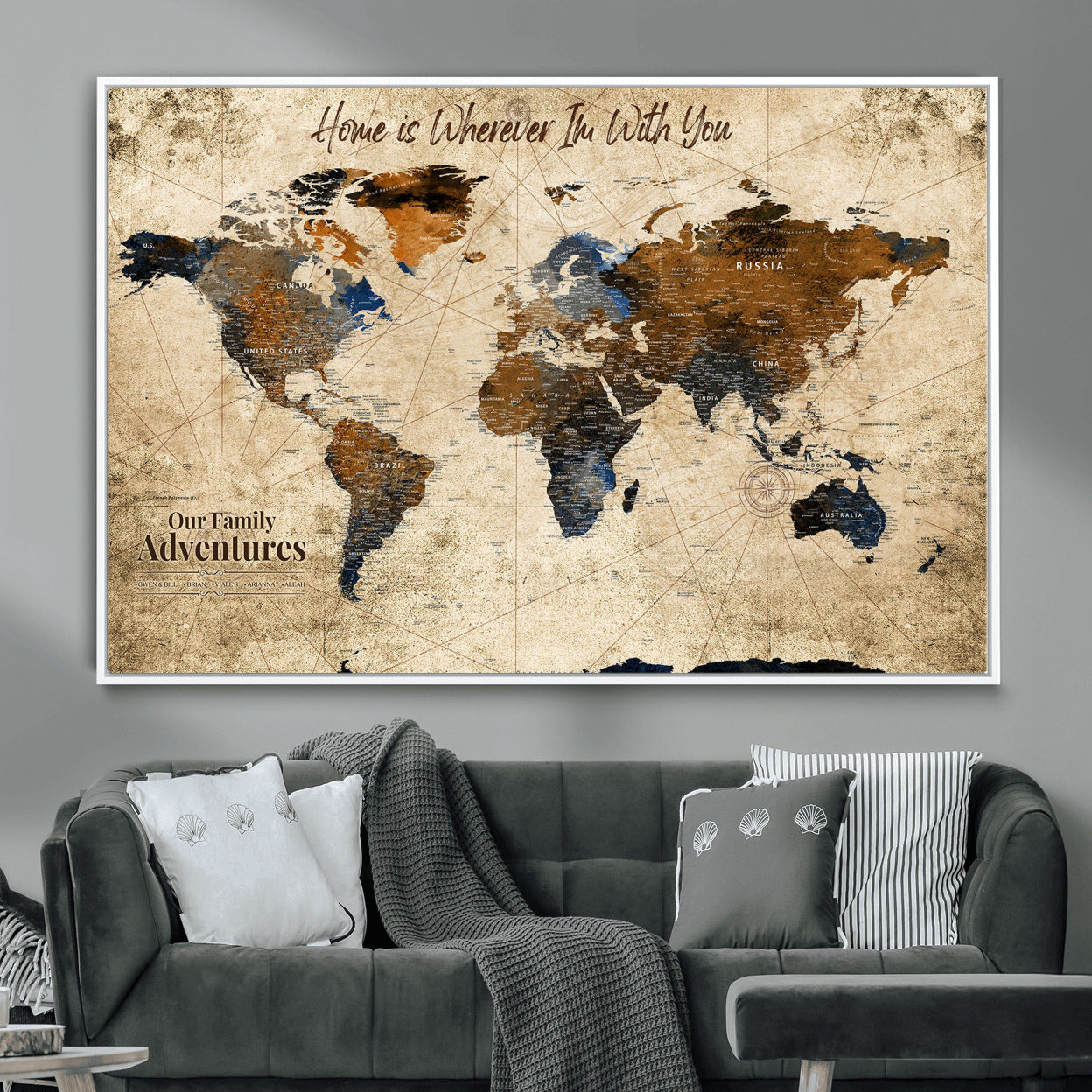 23631534-MGV-FC-36X24 - Customized Push Pin World Map Wall Art Canvas Print with Pins, Personalized Travel Tracker Map, Framed World Map for Living Room, Office and Home Decor