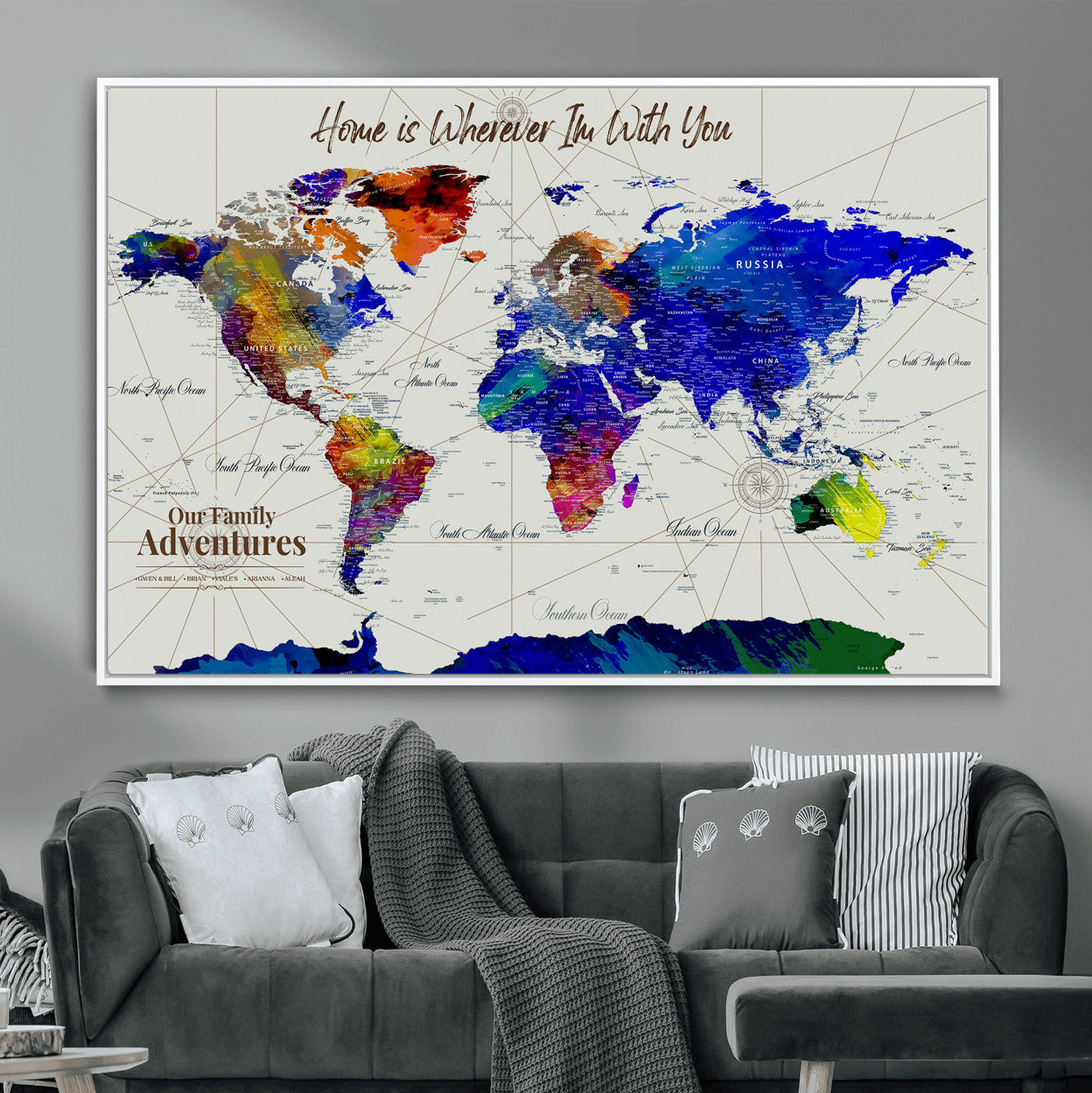 74686301-MGV-FC-36X24 - Customized Push Pin World Map Wall Art Canvas Print with Pins, Personalized Travel Tracker Map, Framed World Map for Living Room, Office and Home Decor