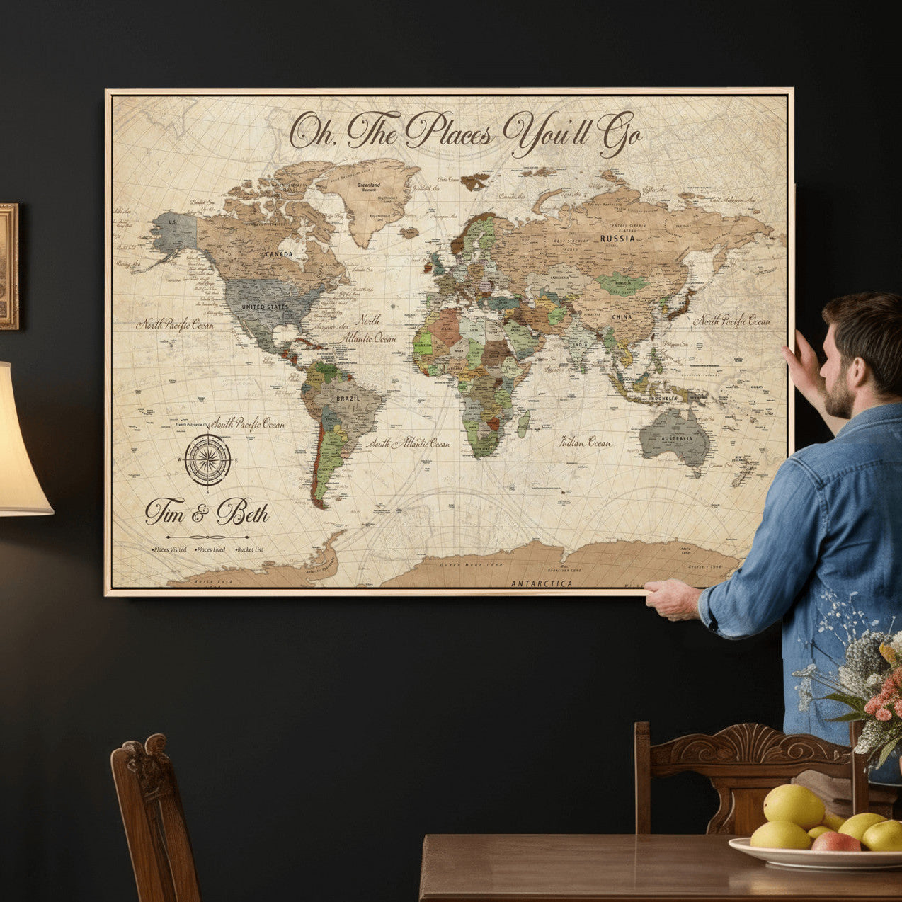 97845003-MGV-FC-36X24 - Personalized Push Pin World Map Wall Art Canvas Print with Pins – Customize Travel Tracker Map for Home and Office Décor