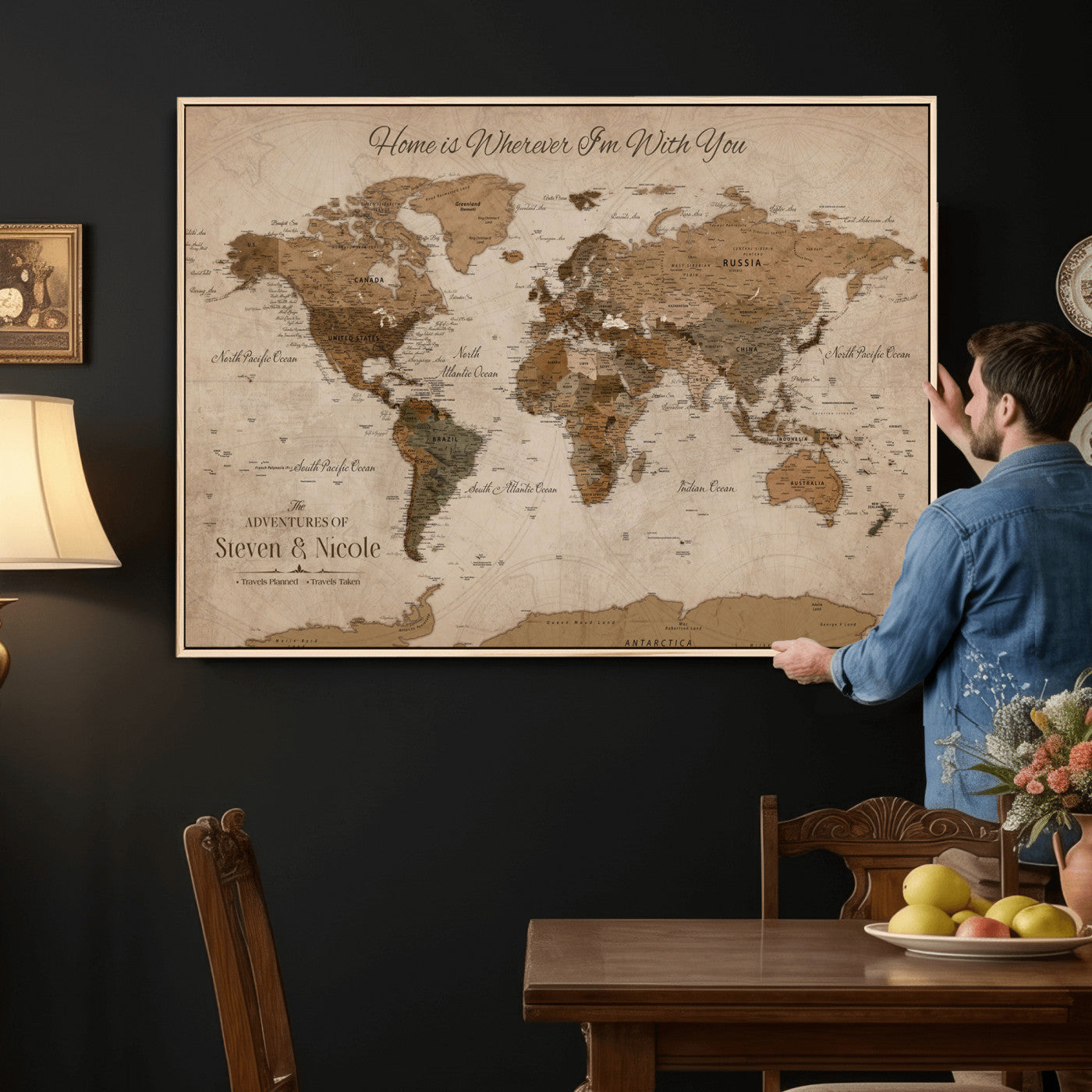 16491190-MGV-FC-36X24 - Personalized Push Pin World Map Wall Art Canvas Print with Pins – Customize Travel Tracker Map for Home and Office Décor
