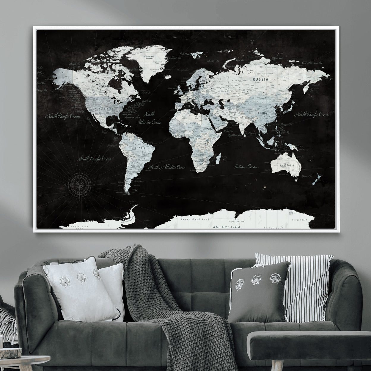 30759283-MGV-FC-36X24 - World Map Wall Art Canvas Print, Modern Decorative Framed Map Artwork Prints for Living Room, Office, Bedroom Wall Decor