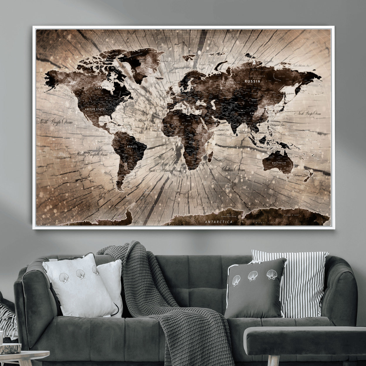 35326624-MGV-FC-36X24 - World Map Wall Art Canvas Print, Modern Decorative Framed Map Artwork Prints for Living Room, Office, Bedroom Wall Decor