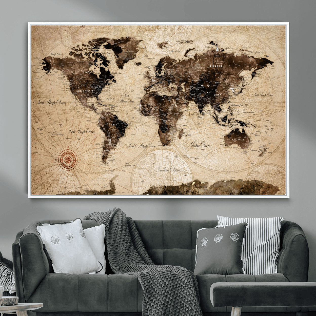 97114757-MGV-FC-36X24 - Vintage World Map Wall Art Canvas Print, Modern Decorative Framed Map Artwork Prints for Living Room, Office, Bedroom Wall Decor