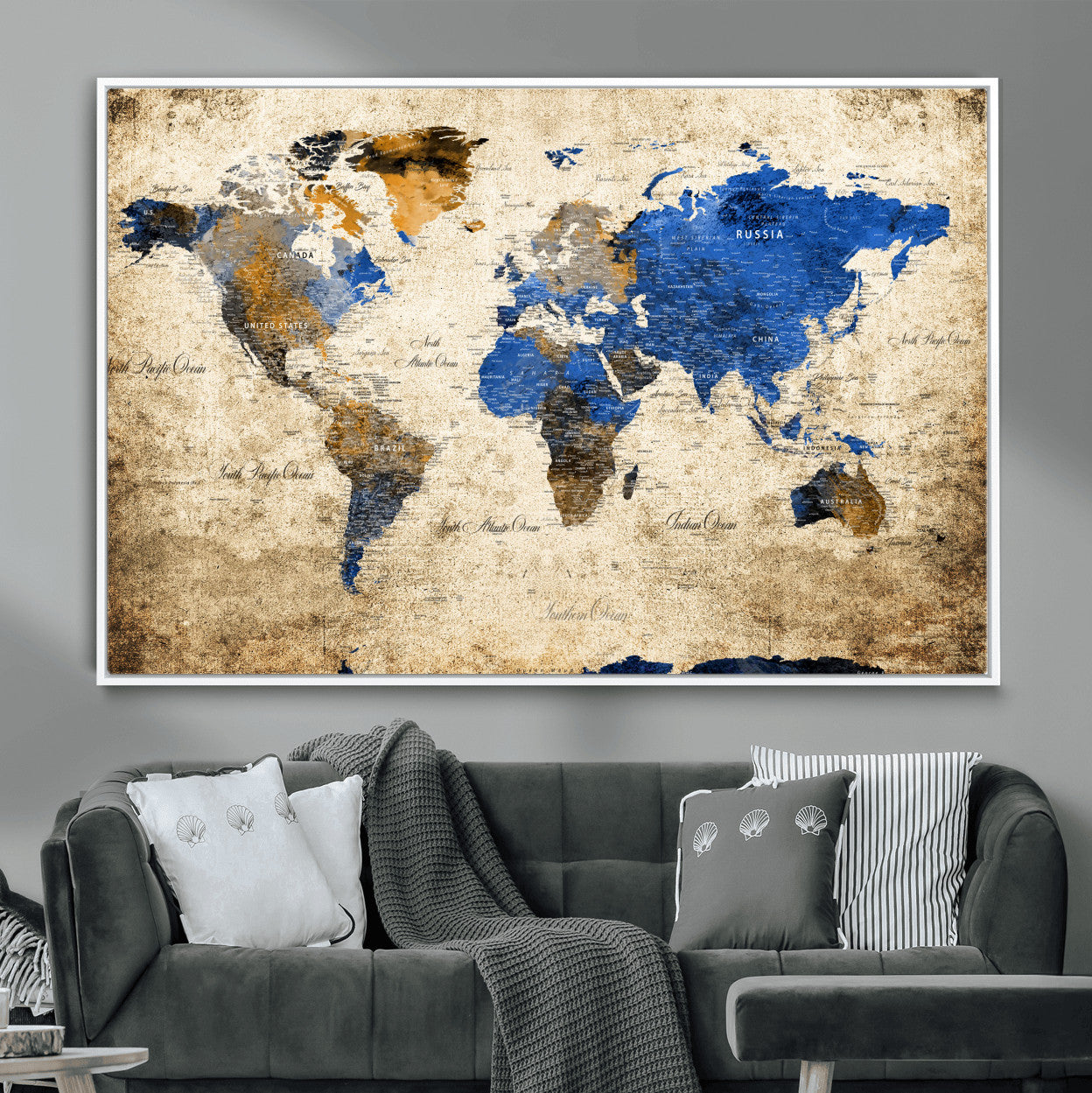 13564339-MGV-FC-36X24 - World Map Wall Art Canvas Print, Modern Decorative Framed Map Artwork Prints for Living Room, Office, Bedroom Wall Decor