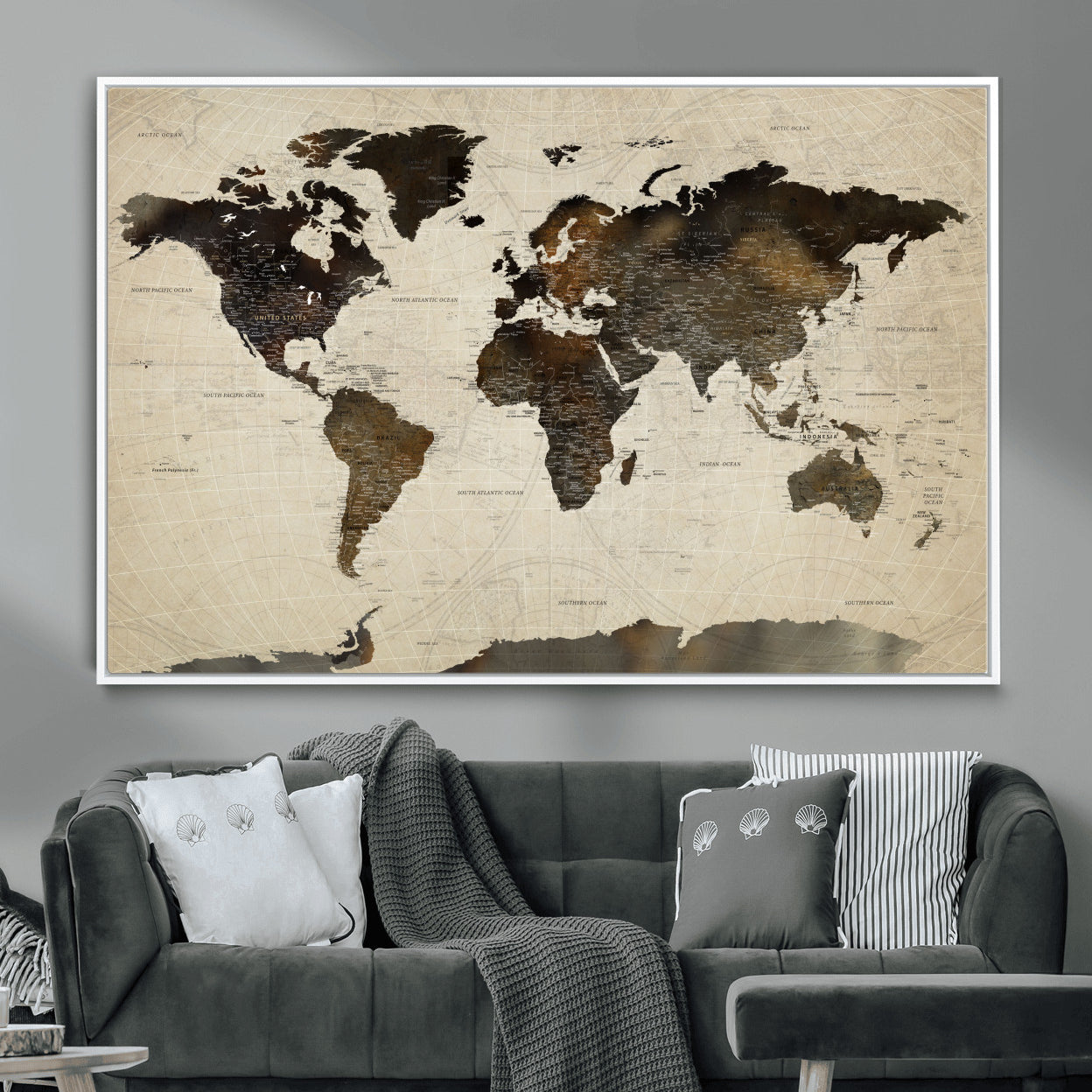 81771296-MGV-FC-36X24 - World Map Wall Art Canvas Print, Modern Decorative Framed Map Artwork Prints for Living Room, Office, Bedroom Wall Decor