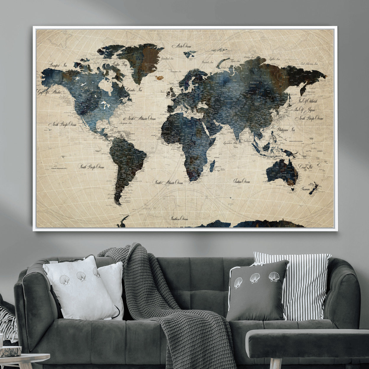 33438443-MGV-FC-36X24 - World Map Wall Art Canvas Print, Modern Decorative Framed Map Artwork Prints for Living Room, Office, Bedroom Wall Decor