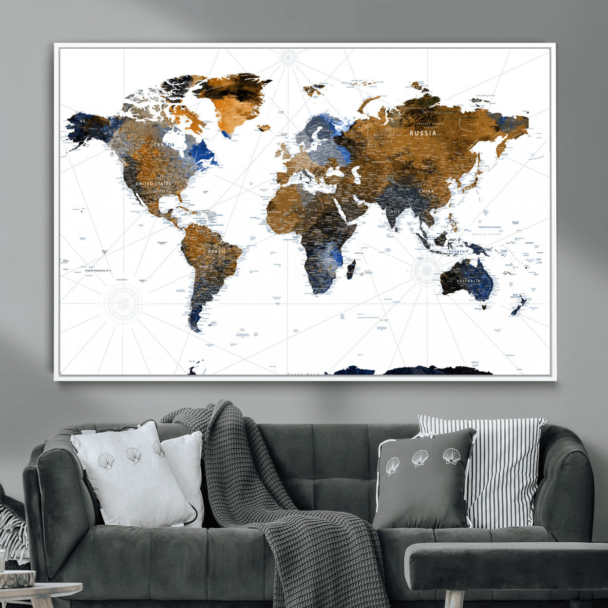 40862517-MGV-FC-36X24 - World Map Wall Art Canvas Print, Modern Decorative Framed Map Artwork Prints for Living Room, Office, Bedroom Wall Decor