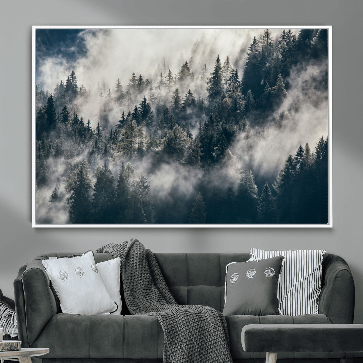 270372951-MGV-FC-36X24 - Misty Pine Forest Canvas Wall Art – Dark Forest Mountaing and Nature Landscape Print, Horizontal Canvas Print