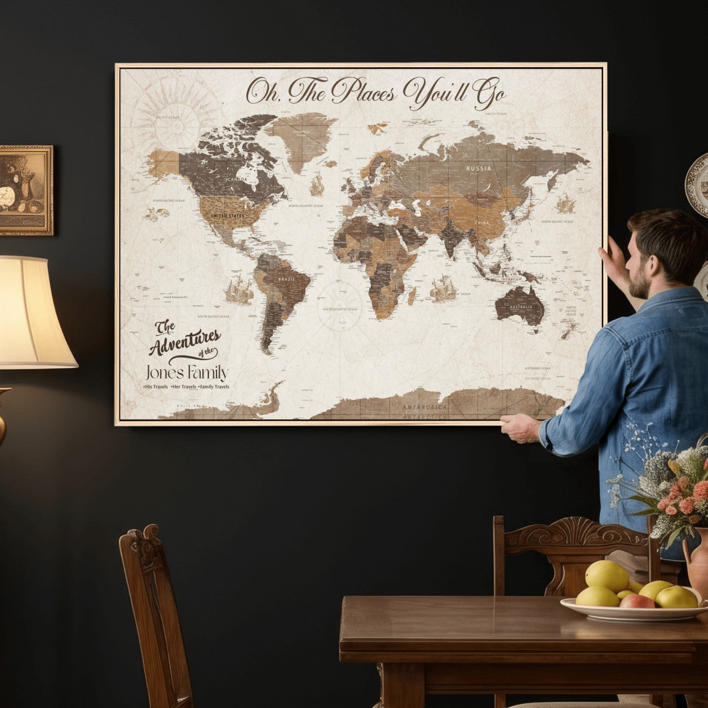 97885954-MGV-FC-36X24 - Customized Push Pin World Map Wall Art Canvas Print with Pins, Framed Personalize Travel Tracker Map, World Map for Living Room and Office Decor
