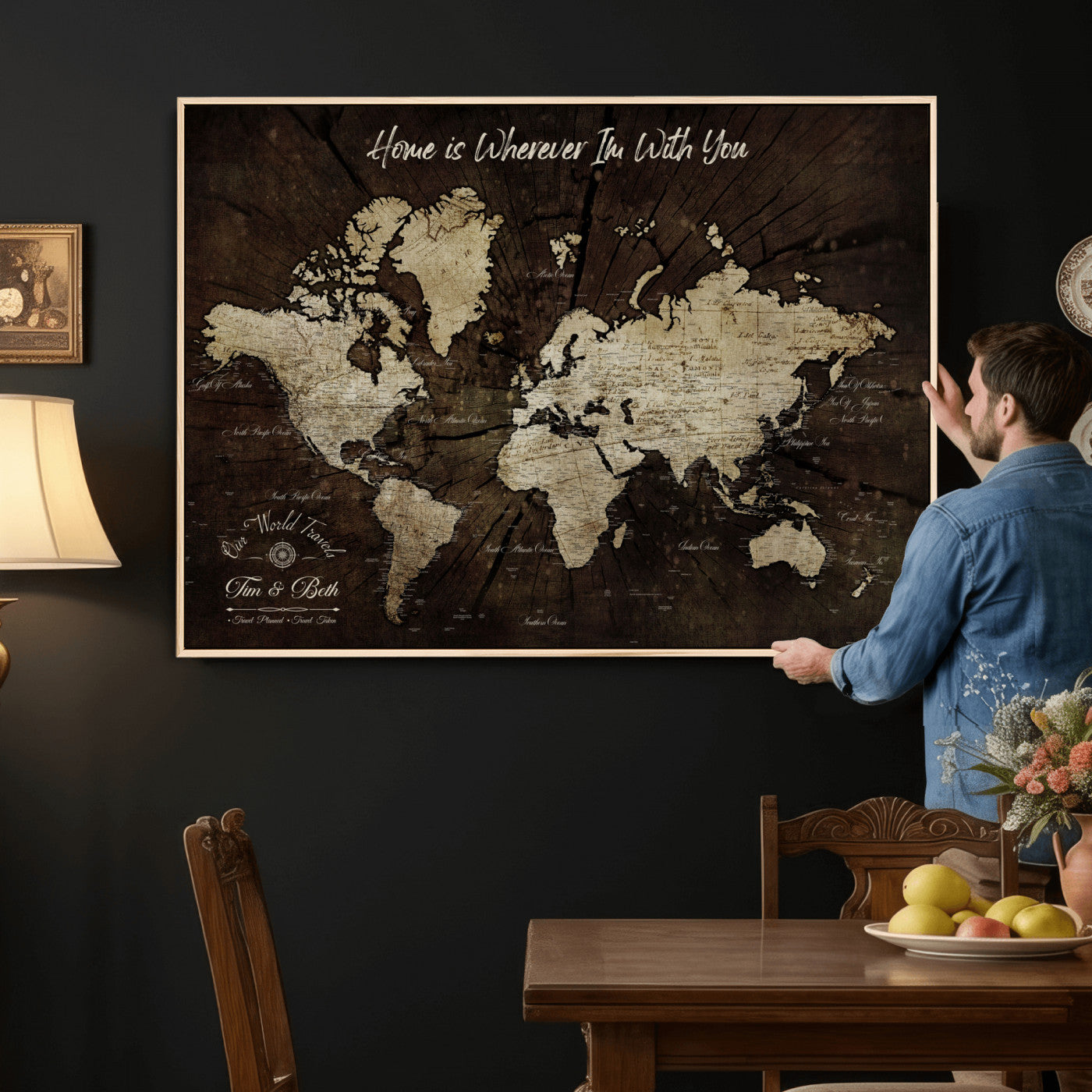 57852913-MGV-FC-36X24 - Customized Push Pin World Map Wall Art Canvas Print with Pins, Framed Personalize Travel Tracker Map, World Map for Living Room and Office Decor