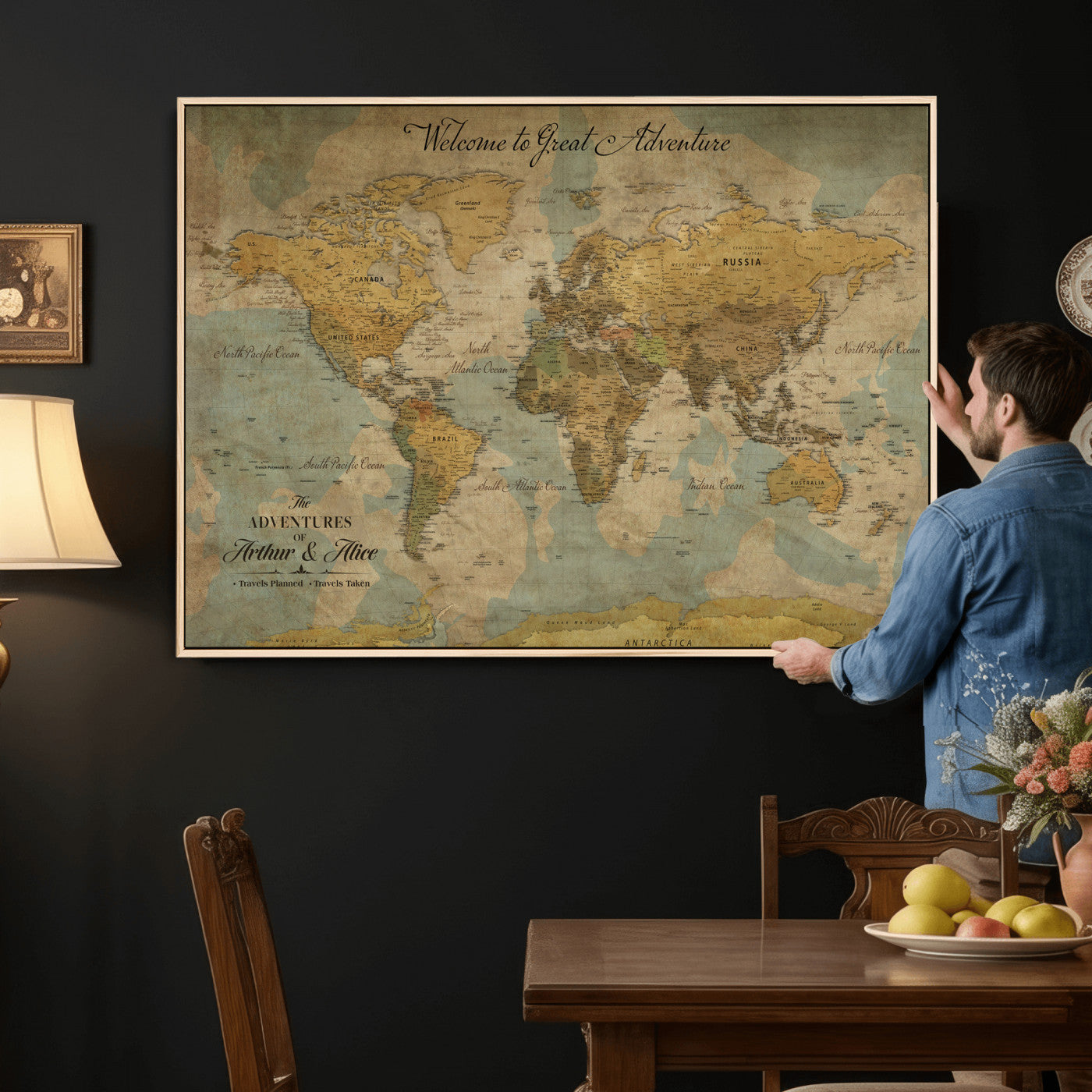 37903085-MGV-CV-36X24 - Custom Push Pin World Map Wall Art Canvas Print – Personalized Travel Tracker with Pins Framed Large for Home and Office Decor