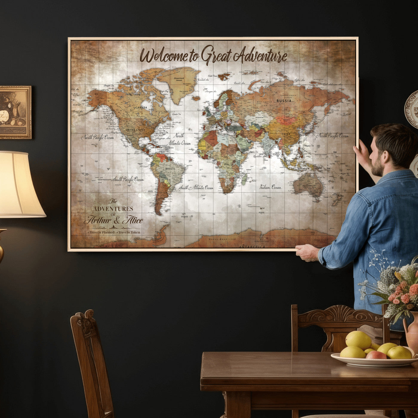 94821994-MGV-CV-36X24 - Custom Push Pin World Map Wall Art Canvas Print – Personalized Travel Tracker with Pins Framed Large for Home and Office Decor