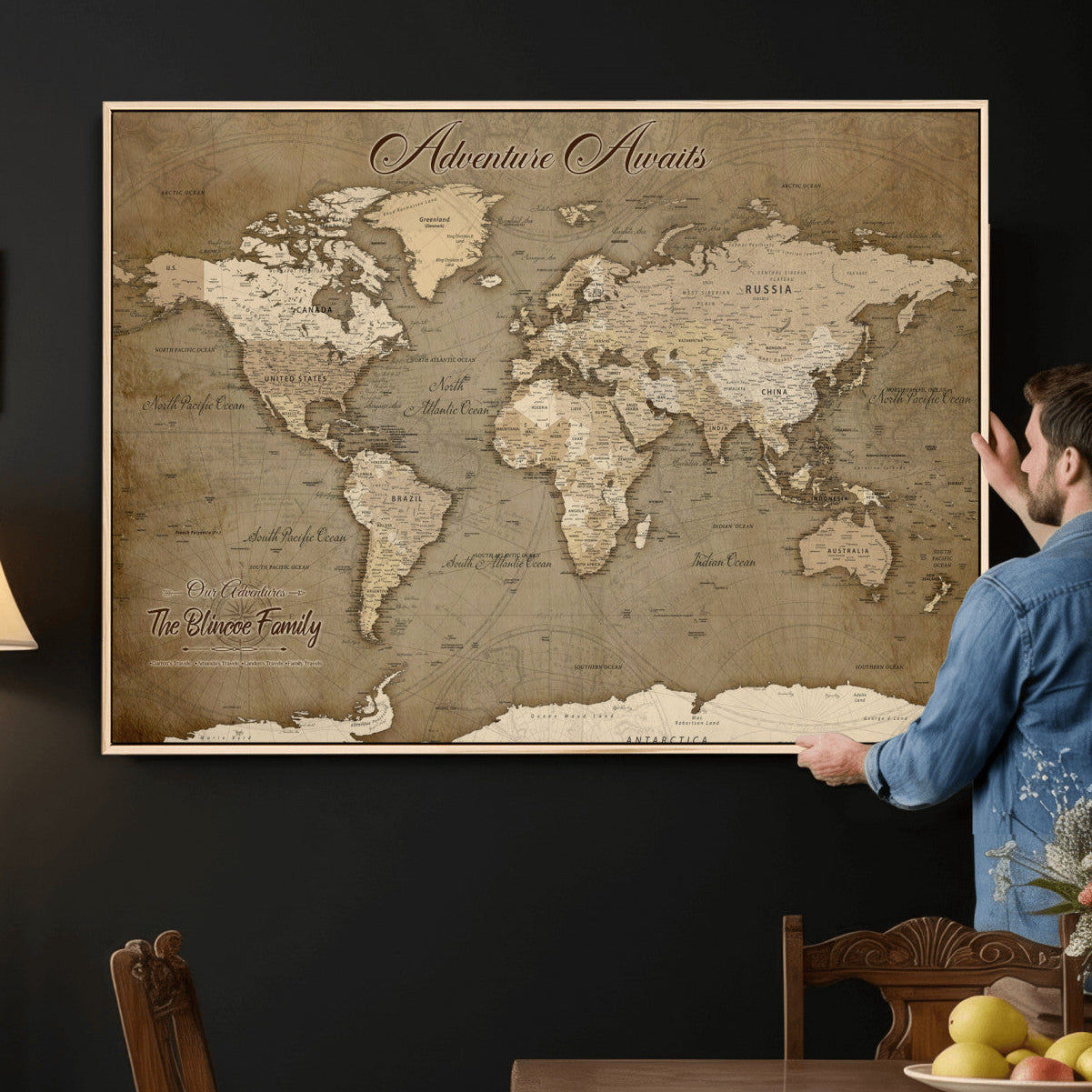 96775856-MGV-CV-36X24 - Custom Push Pin World Map Wall Art Canvas Print – Personalized Travel Tracker with Pins Framed Large for Home and Office Decor