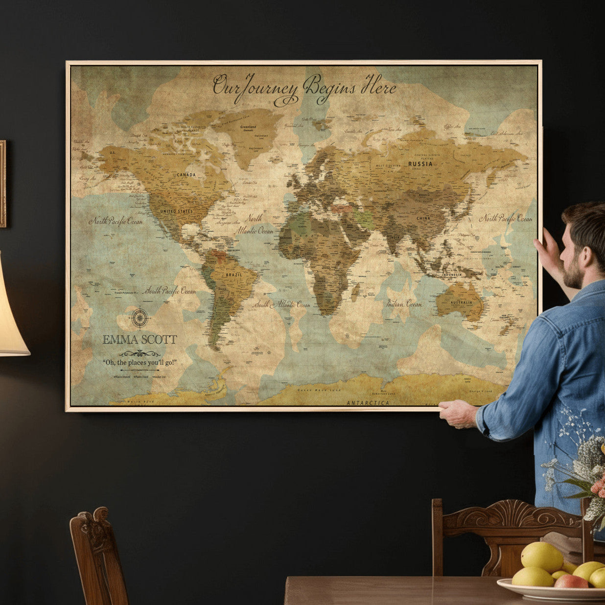 66550749-MGV-CV-36X24 - Custom Push Pin World Map Wall Art Canvas Print – Personalized Travel Tracker with Pins Framed Large for Home and Office Decor