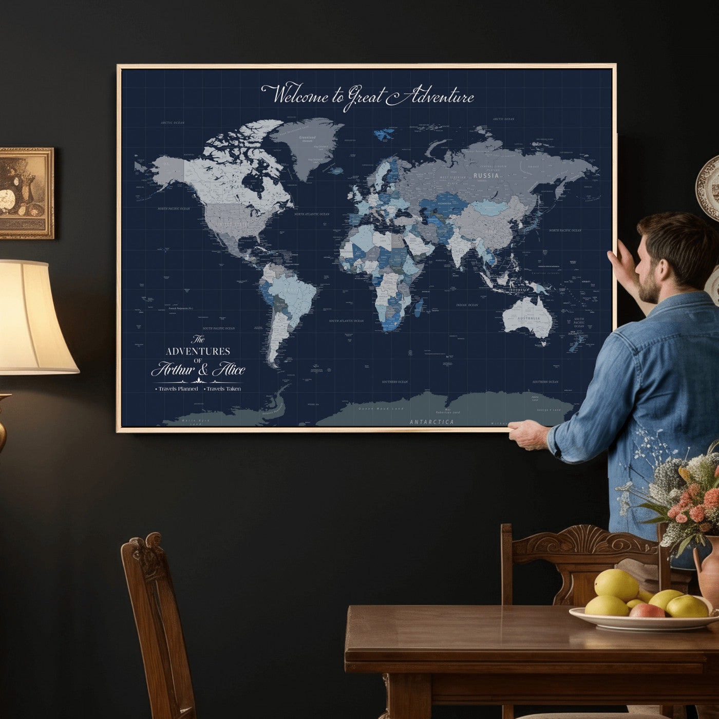 51673389-MGV-CV-36X24 - Custom Push Pin World Map Wall Art Canvas Print – Personalized Travel Tracker with Pins Framed Large for Home and Office Decor