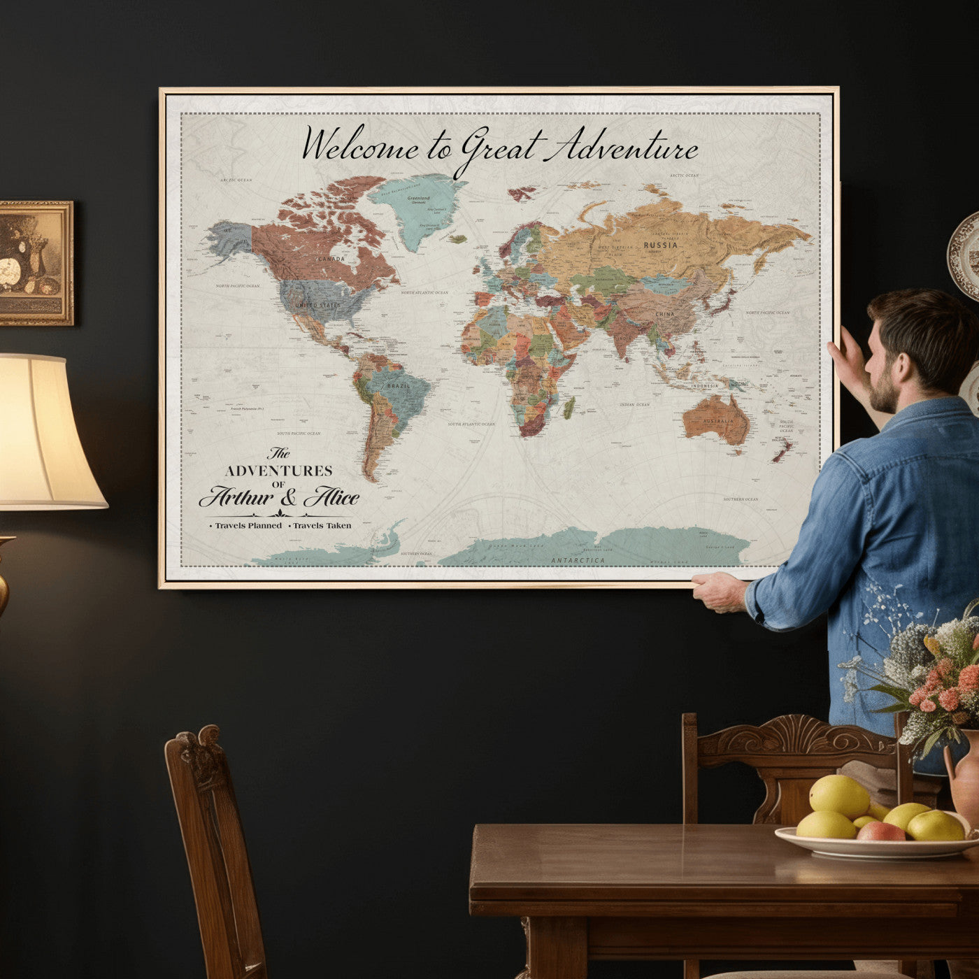 32470528-MGV-CV-36X24 - Custom Push Pin World Map Wall Art Canvas Print – Personalized Travel Tracker with Pins Framed Large for Home and Office Decor