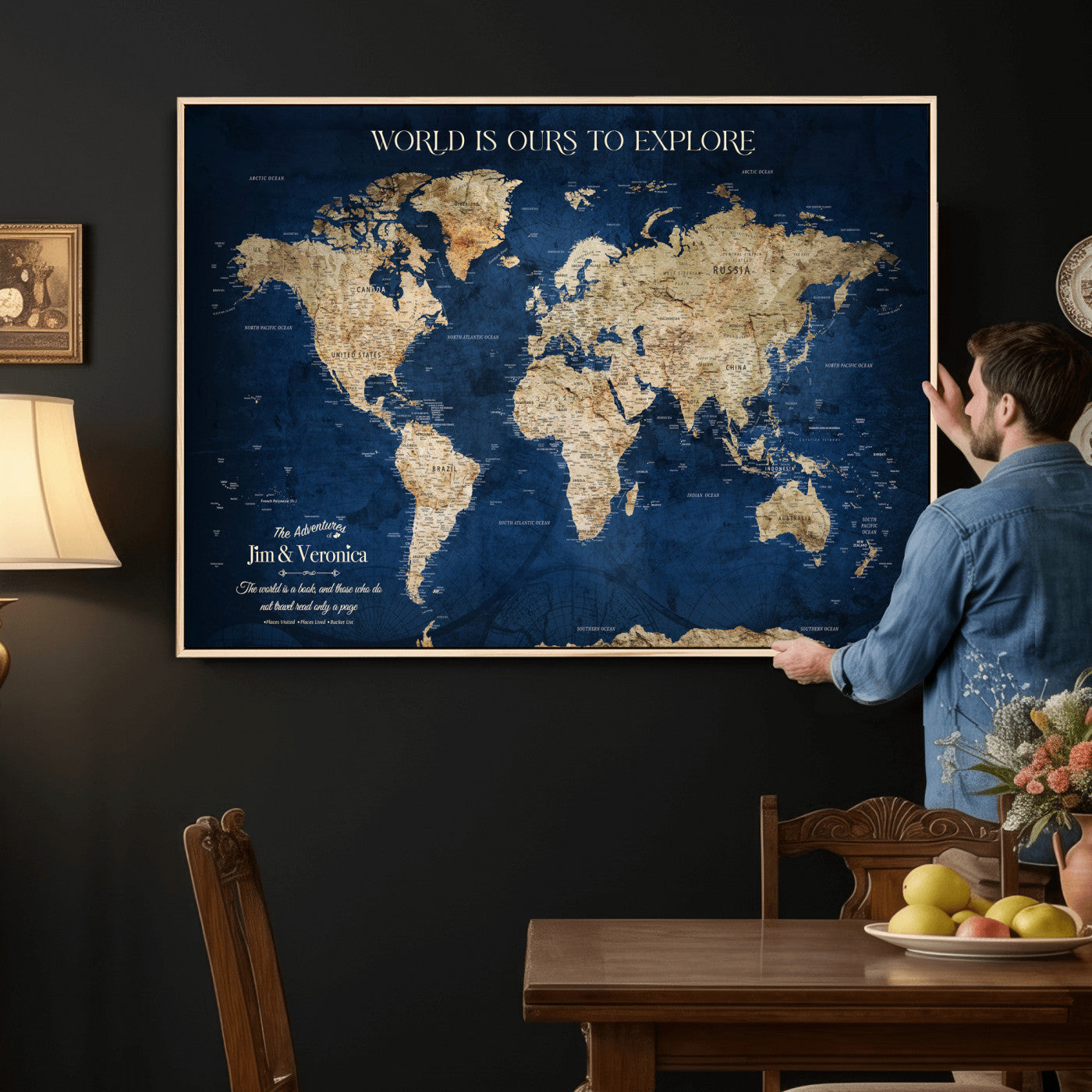 35296308-MGV-CV-36X24 - Custom Push Pin World Map Wall Art Canvas Print – Personalized Travel Tracker with Pins Framed Large for Home and Office Decor