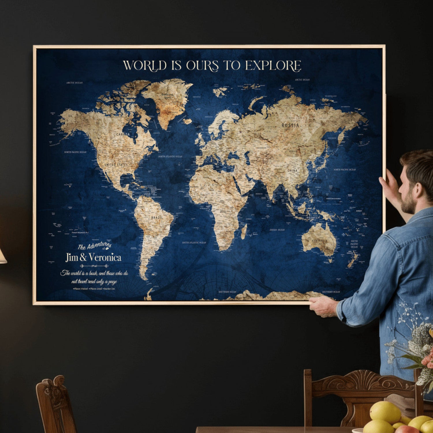 35296308-MGV-CV-36X24 - Custom Push Pin World Map Wall Art Canvas Print – Personalized Travel Tracker with Pins Framed Large for Home and Office Decor