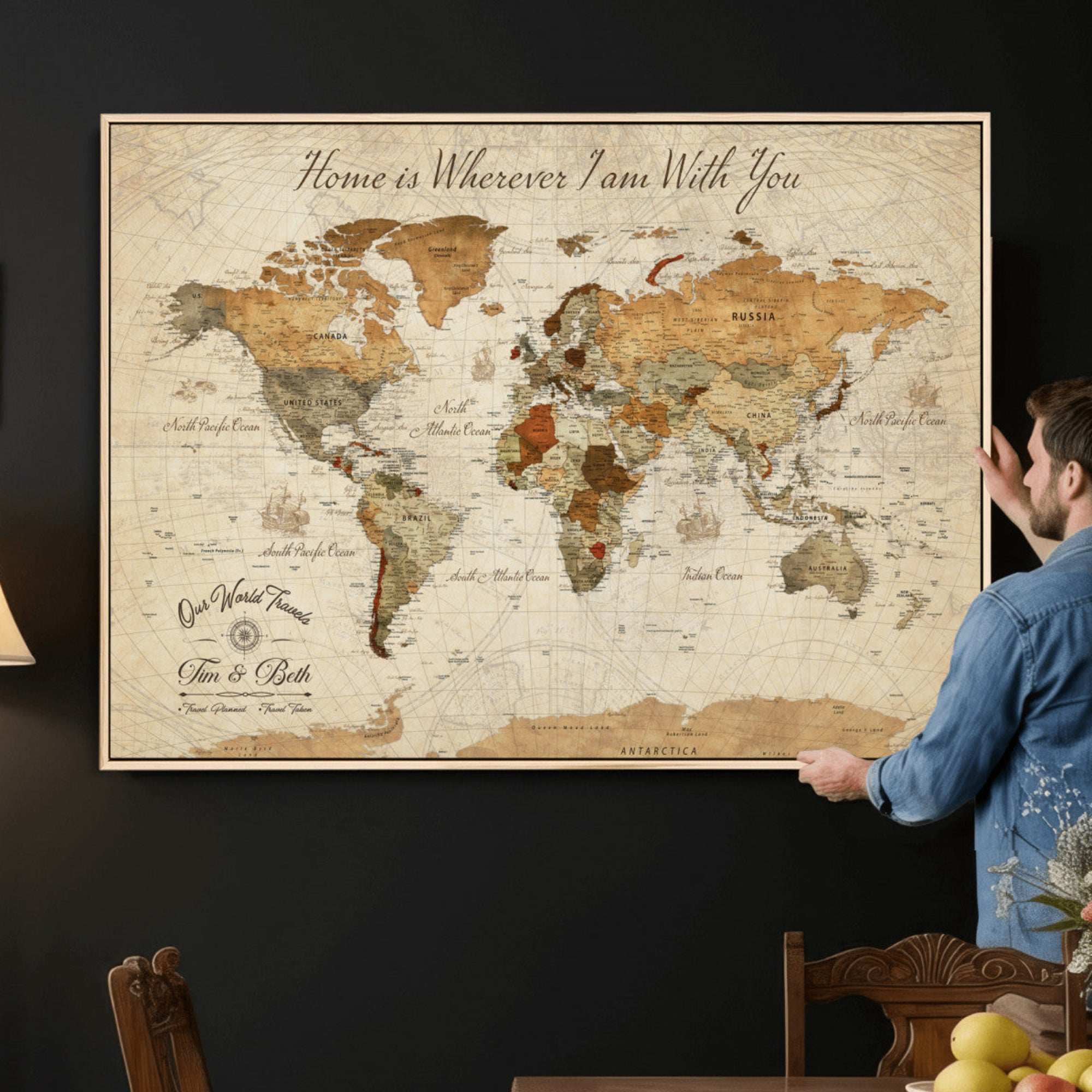 53710338-MGV-CV-36X24 - Custom Push Pin World Map Wall Art Canvas Print – Personalized Travel Tracker with Pins Framed Large for Home and Office Decor