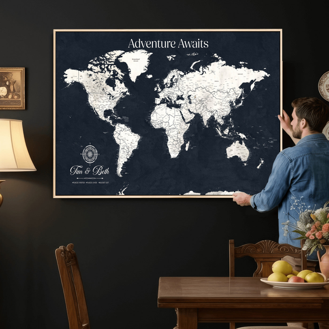 84045875-MGV-CV-36X24 - Custom Push Pin World Map Wall Art Canvas Print – Personalized Travel Tracker with Pins Framed Large for Home and Office Decor