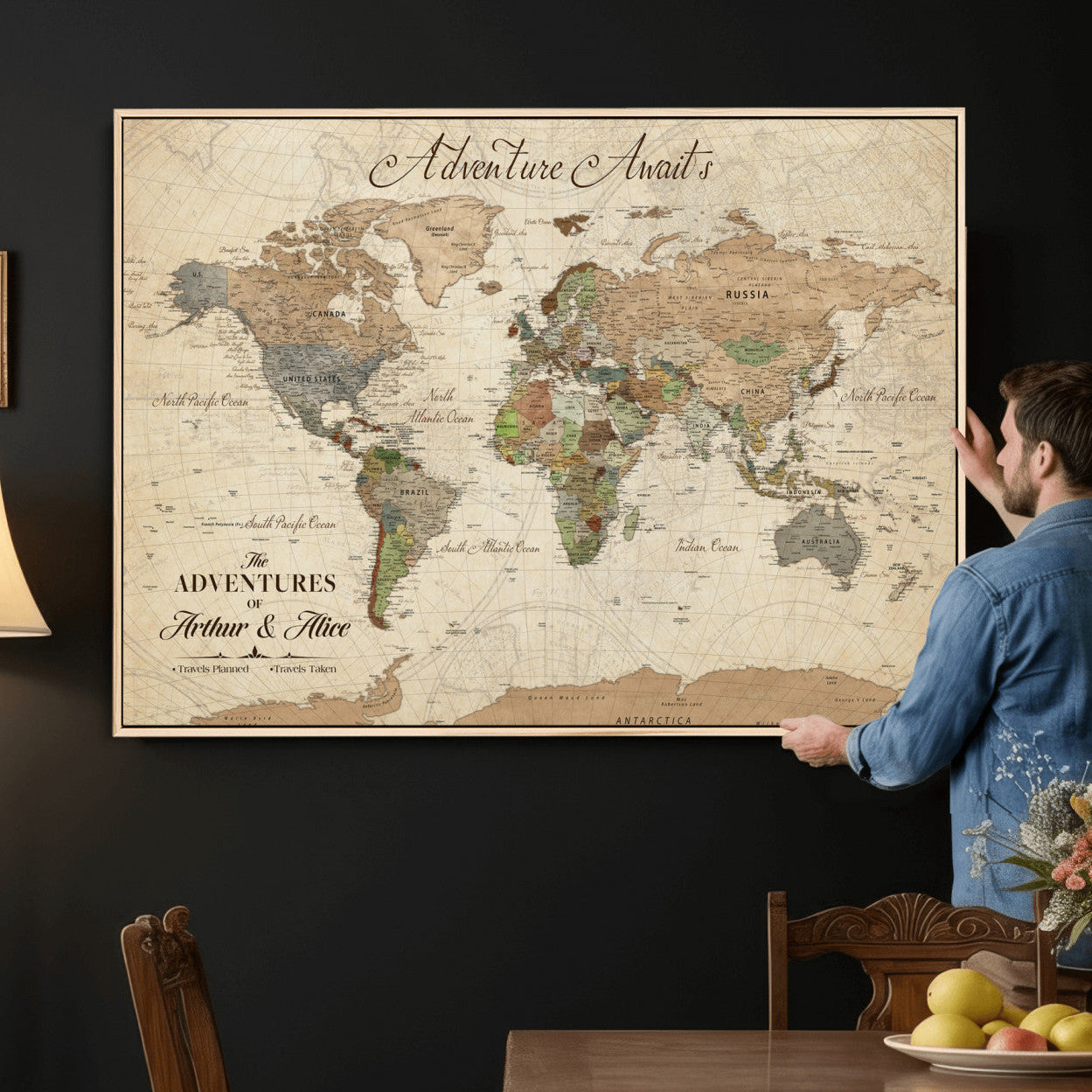 18308111-MGV-CV-36X24 - Custom Push Pin World Map Wall Art Canvas Print – Personalized Travel Tracker with Pins Framed Large for Home and Office Decor