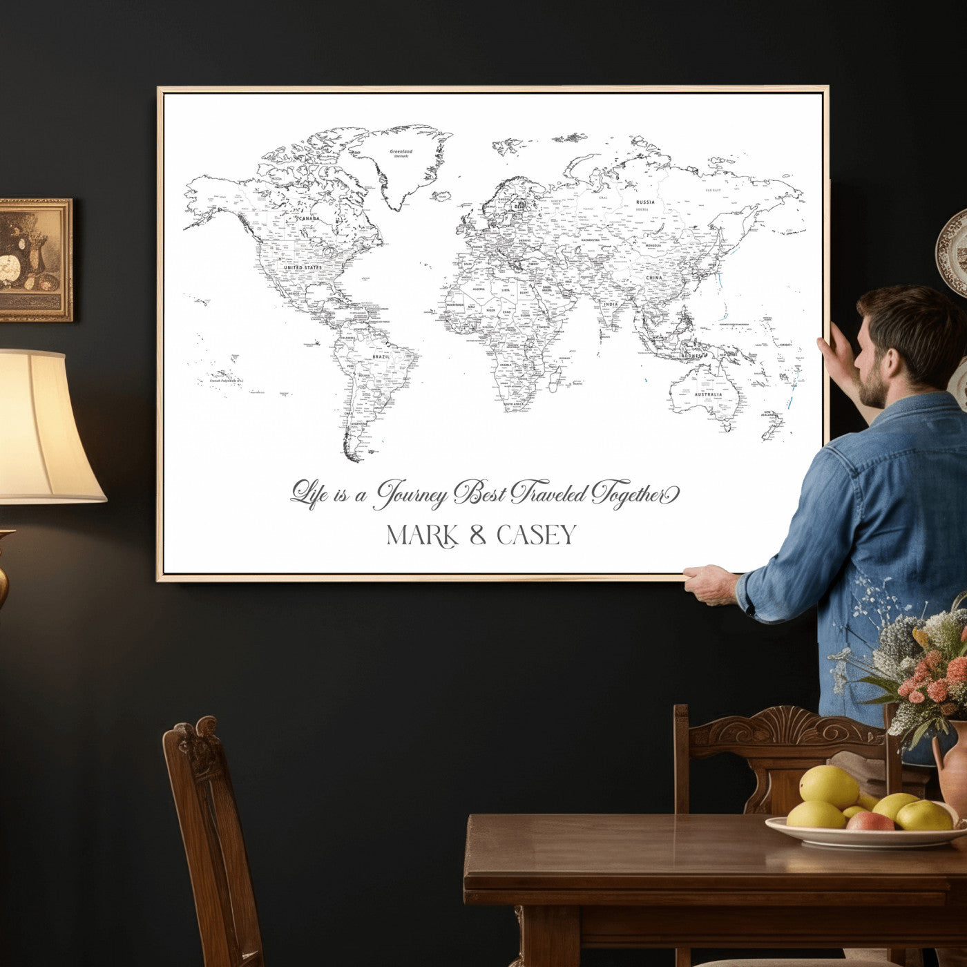 57820424-MGV-CV-36X24 - Custom Push Pin World Map Wall Art Canvas Print – Personalized Travel Tracker with Pins Framed Large for Home and Office Decor