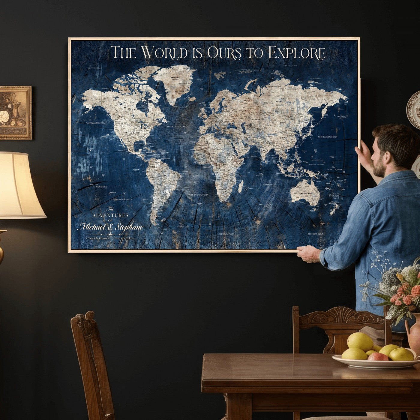 76965912-MGV-CV-36X24 - Custom Push Pin World Map Wall Art Canvas Print – Personalized Travel Tracker with Pins Framed Large for Home and Office Decor