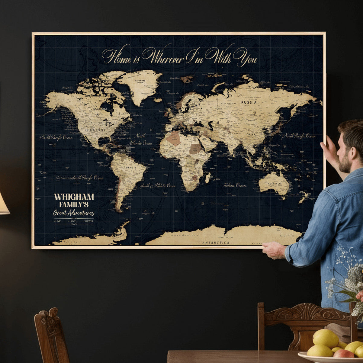 86888698-MGV-CV-36X24 - Custom Push Pin World Map Wall Art Canvas Print – Personalized Travel Tracker with Pins Framed Large for Home and Office Decor