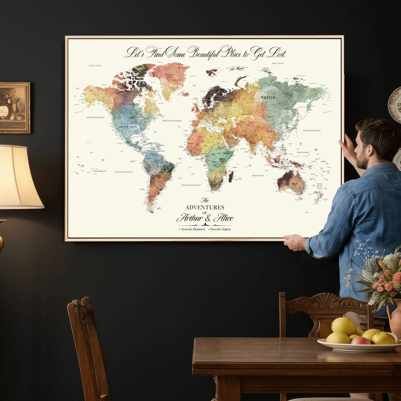 73360781-MGV-CV-36X24 - Custom Push Pin World Map Wall Art Canvas Print – Personalized Travel Tracker with Pins Framed Large for Home and Office Decor