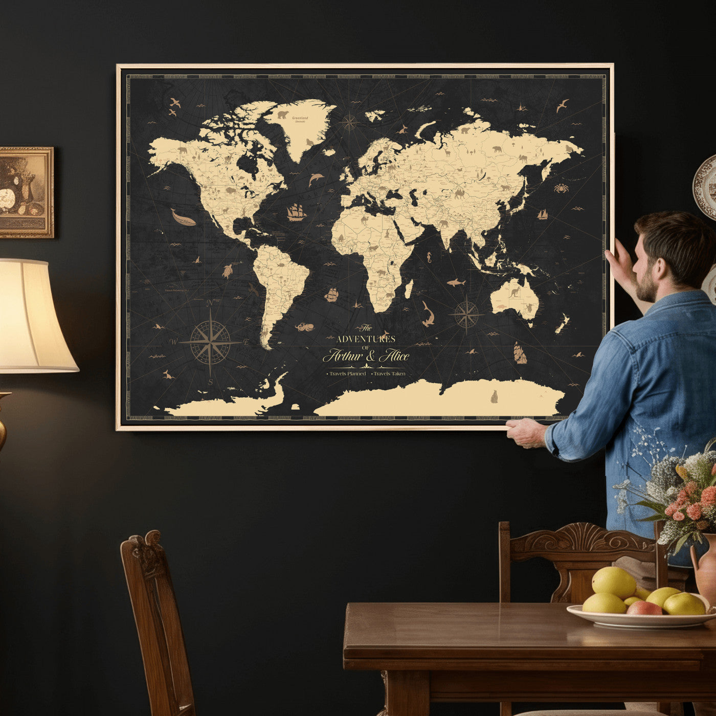 23208482-MGV-CV-36X24 - Custom Push Pin World Map Wall Art Canvas Print – Personalized Travel Tracker with Pins Framed Large for Home and Office Decor