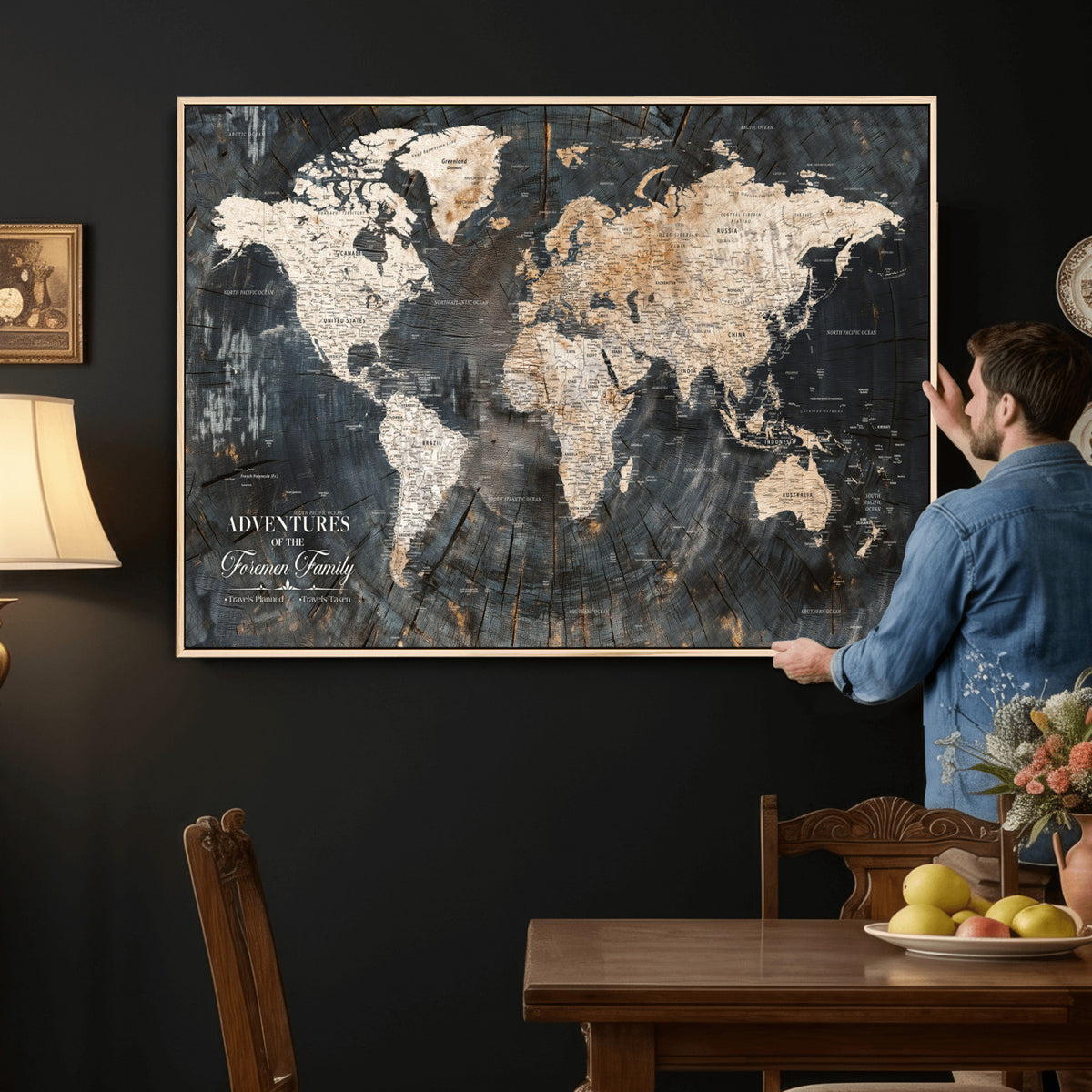 77865338-MGV-CV-36X24 - Personalized Framed Beige Push Pin World Map Canvas Print, Bucket List Map, Living Room and Hallway Decor